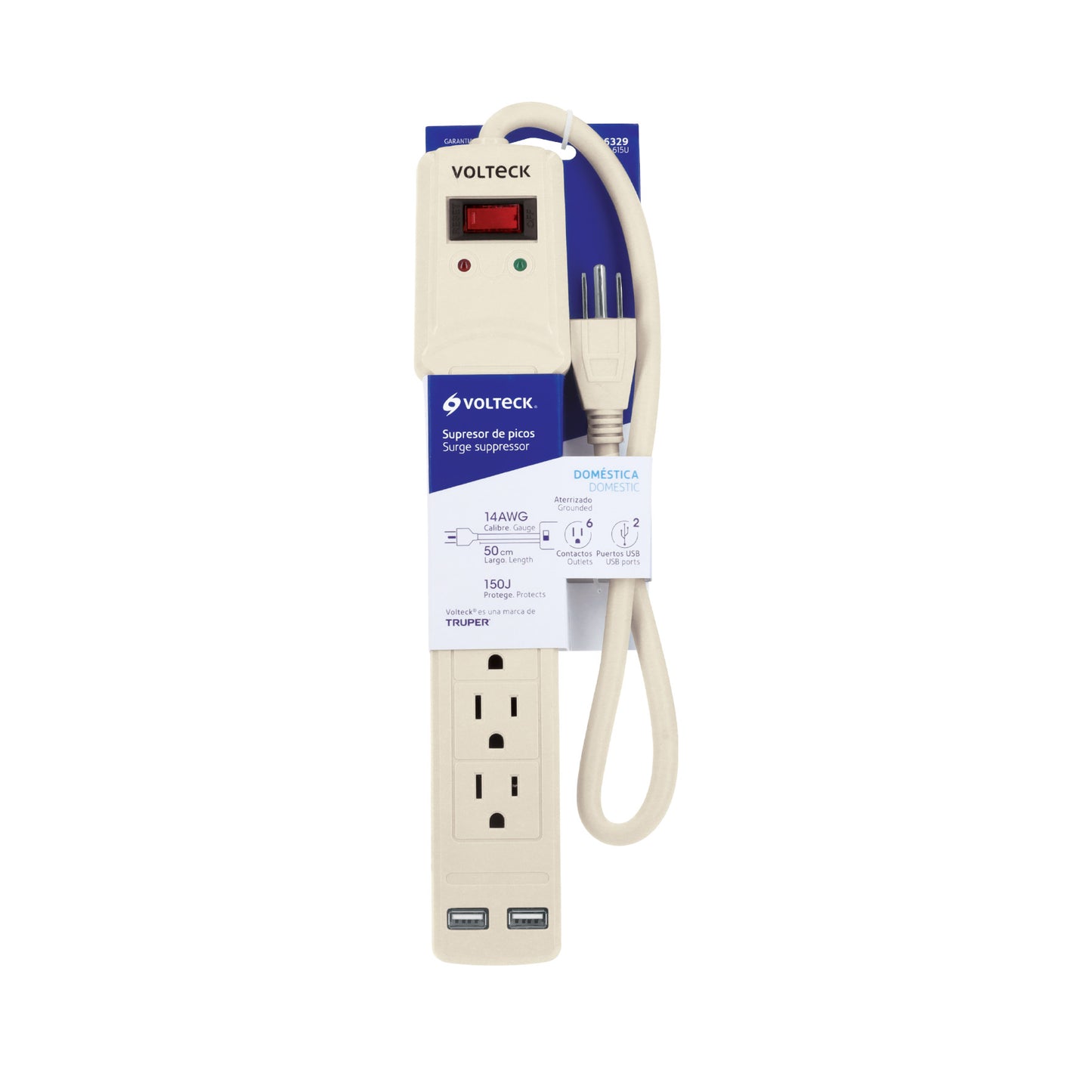 Multicontacto 16 AWG 6 entradas 2 ptos. USB sup. 150J marfil