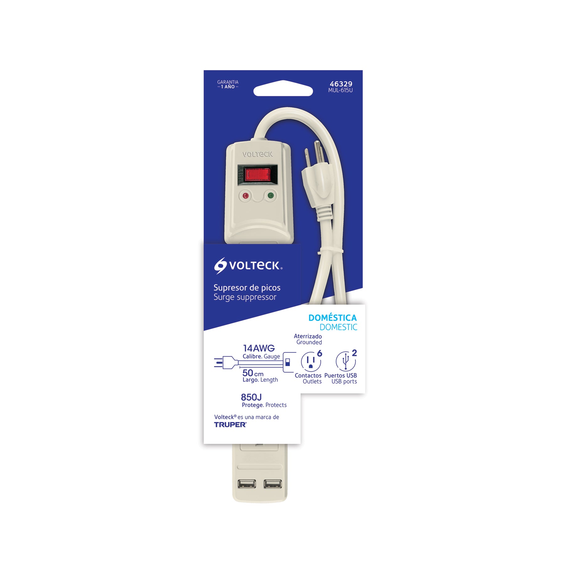 Multicontacto 16 AWG 6 entradas 2 ptos. USB sup. 150J marfil