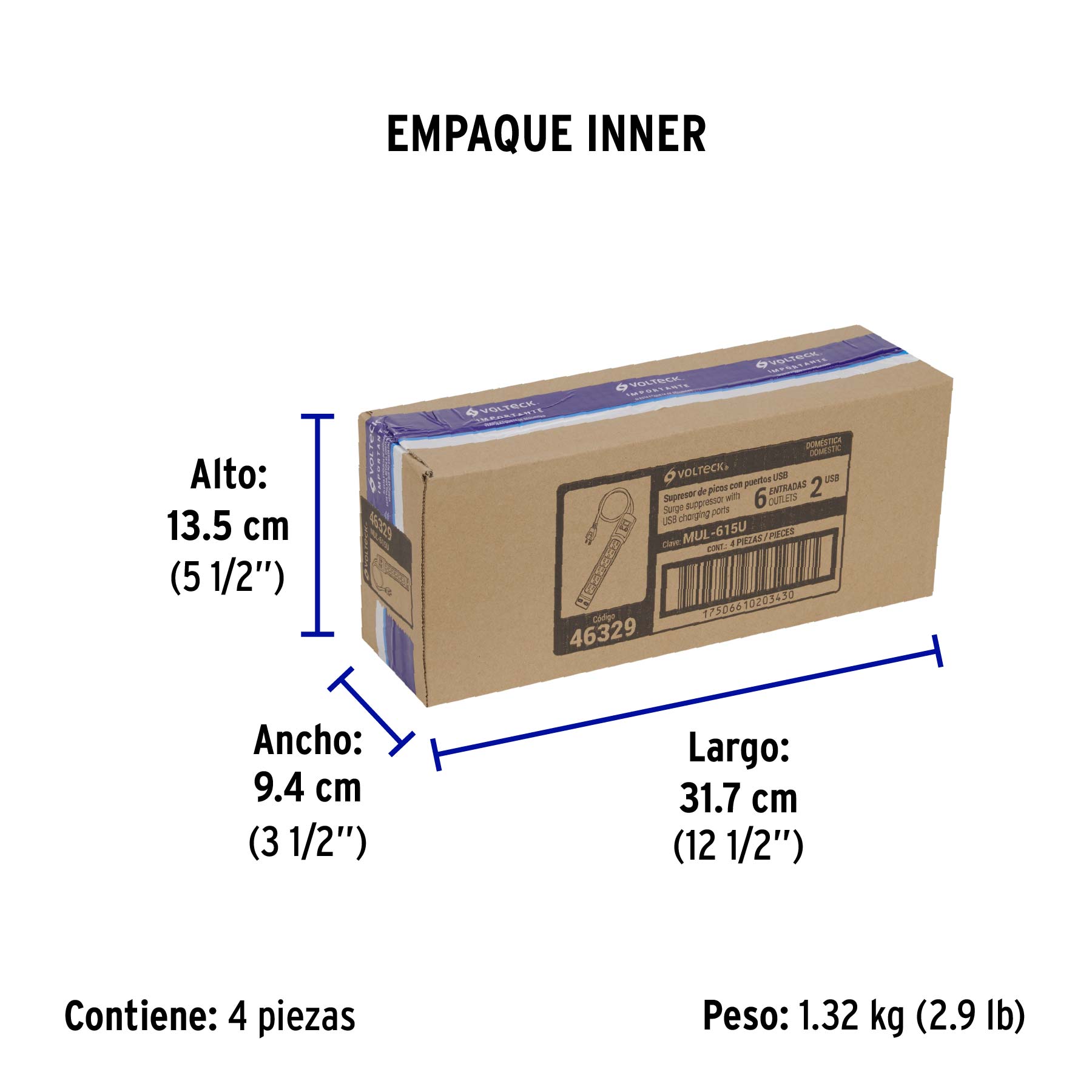 Multicontacto 16 AWG 6 entradas 2 ptos. USB sup. 150J marfil