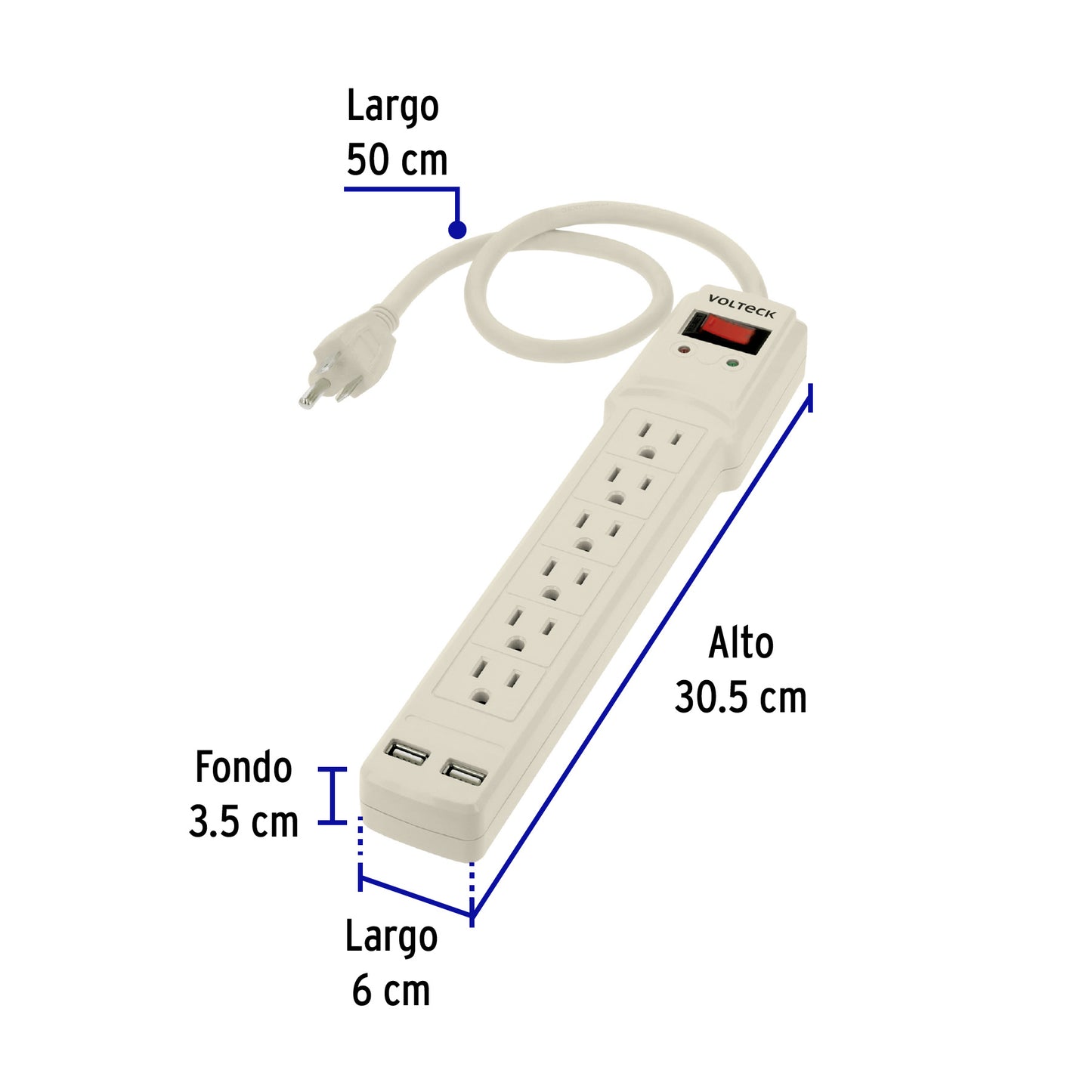 Multicontacto 16 AWG 6 entradas 2 ptos. USB sup. 150J marfil