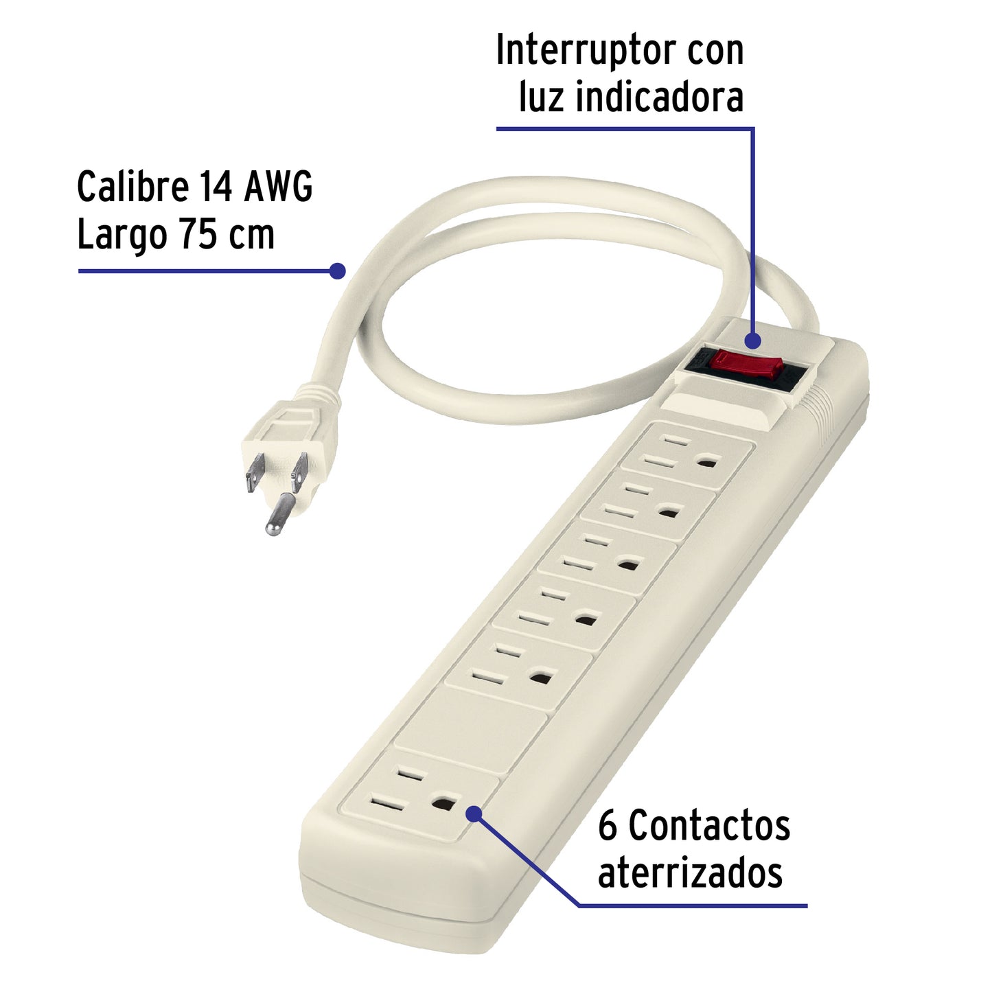 Multicontacto uso rudo, 6 entradas, supresor, 270 joules