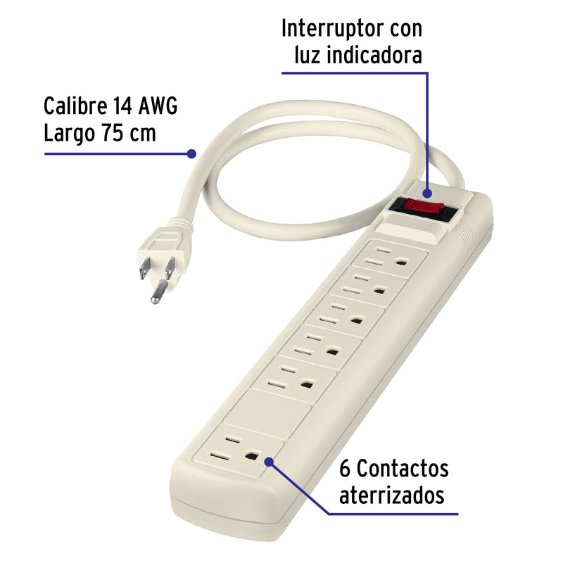 Multicontacto uso rudo, 6 entradas, supresor, 270 joules