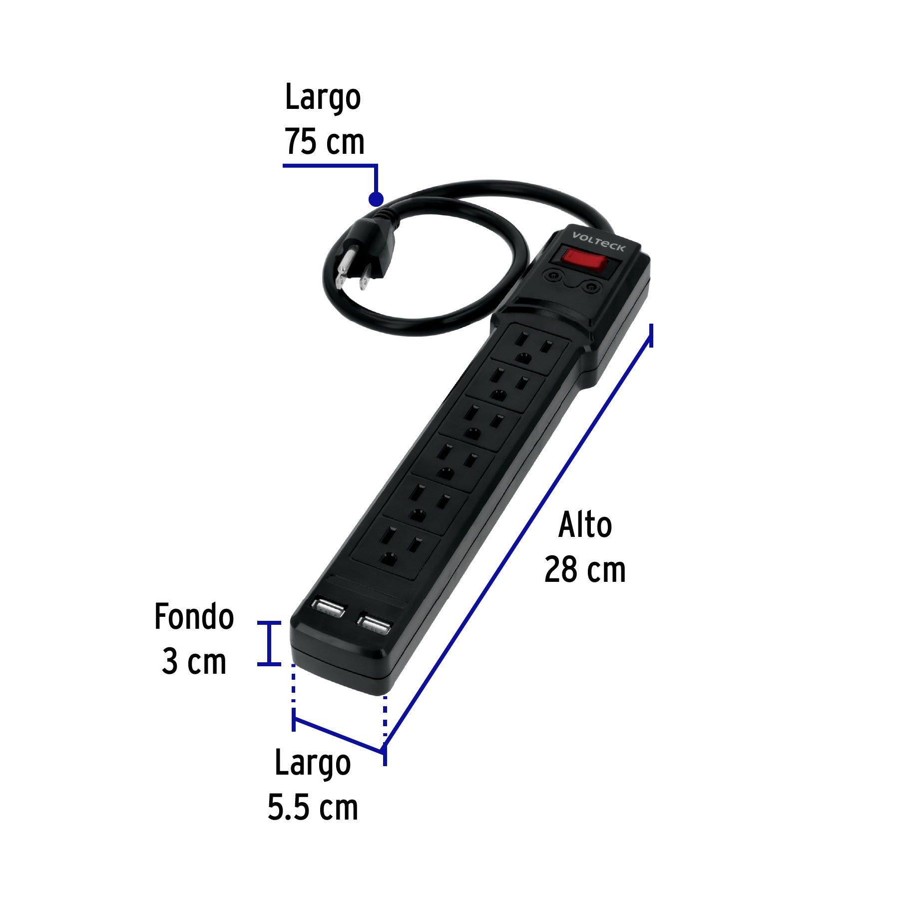 Multicontacto 14 AWG 6 ent., sup. de picos 450 joules, negro