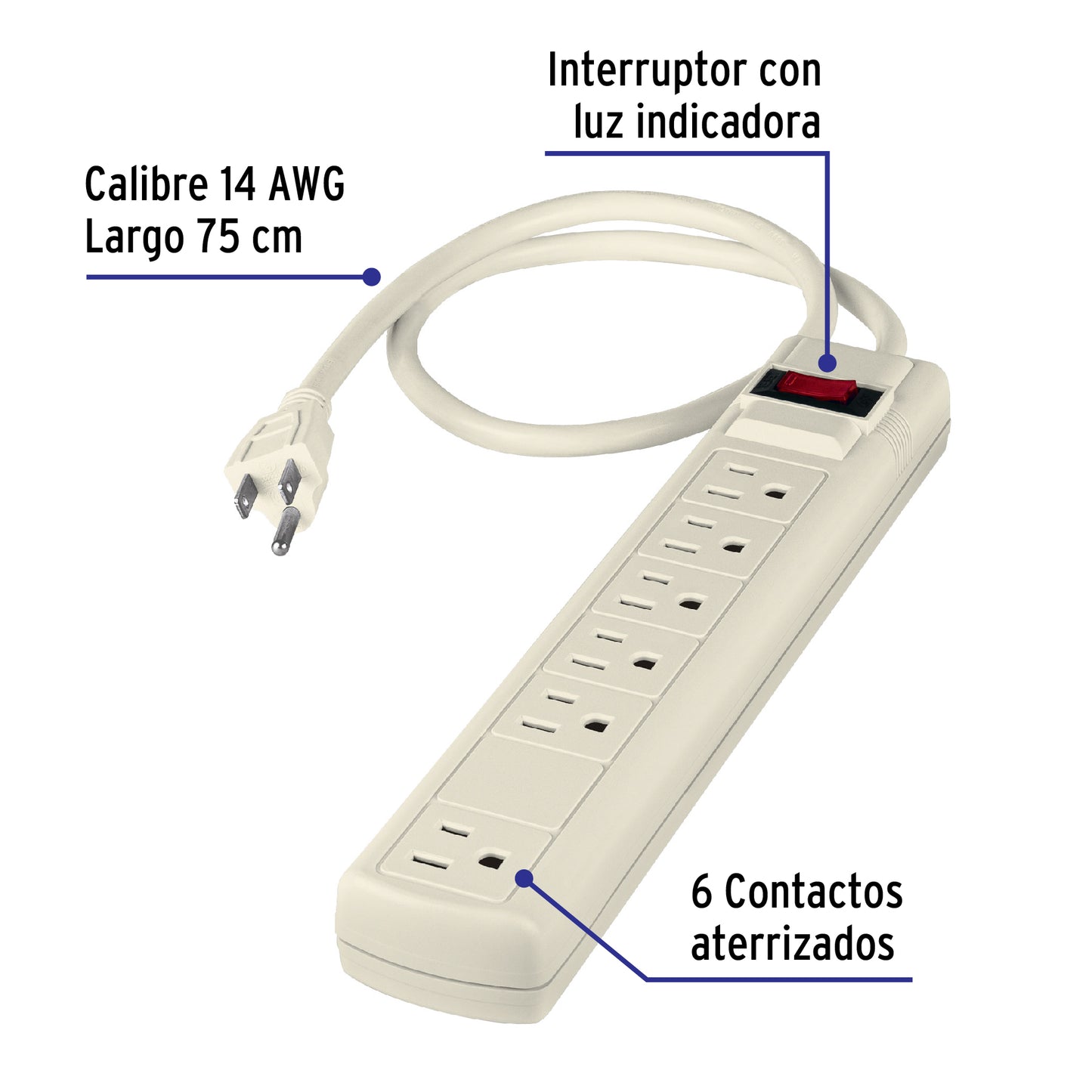 Multicontacto uso rudo, 6 entradas, supresor, 450 joules