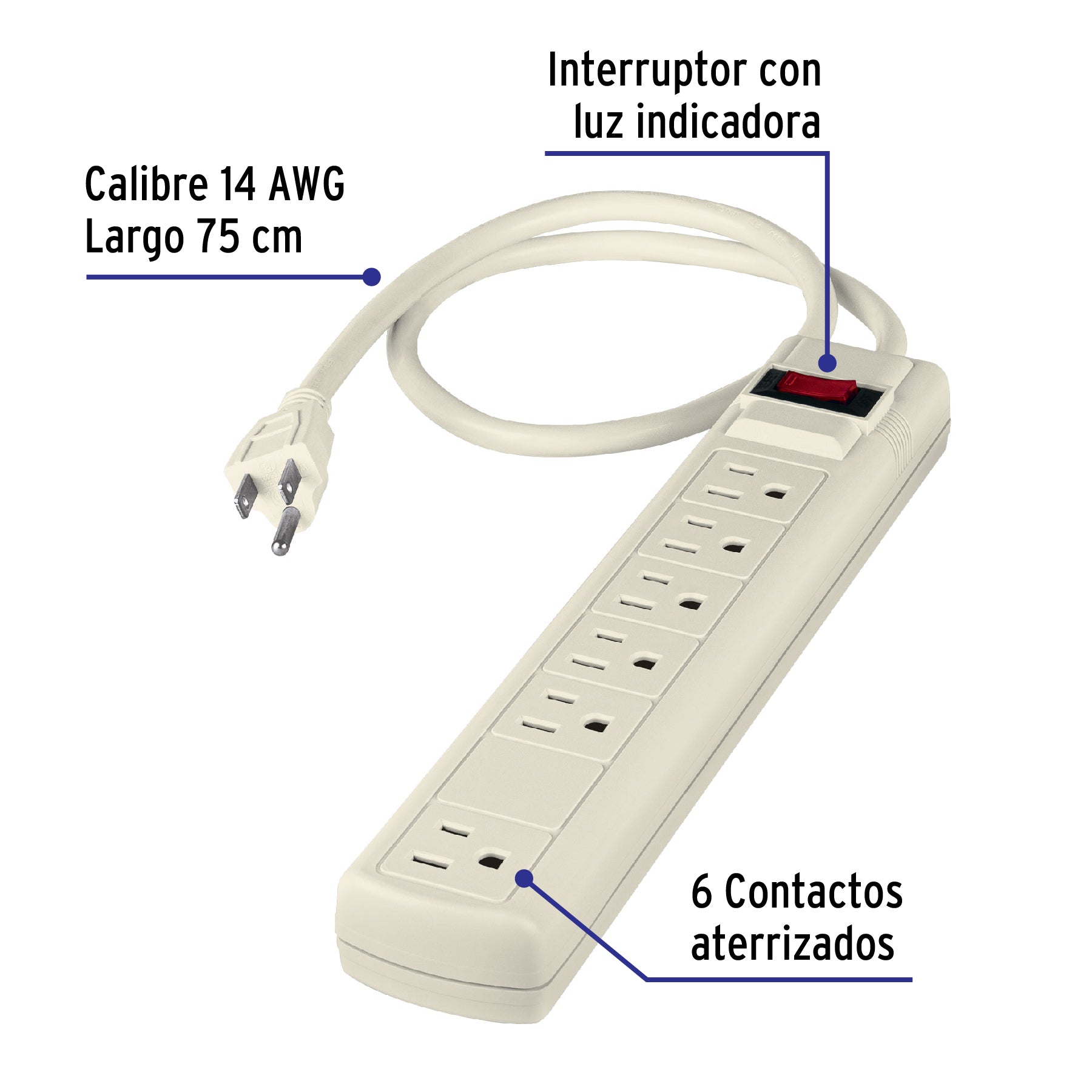 Multicontacto uso rudo, 6 entradas, supresor, 450 joules