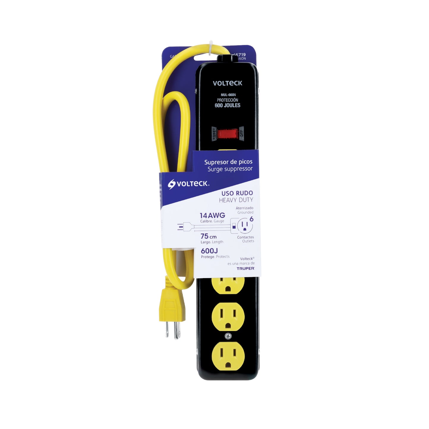 Multicontacto 14 AWG, 6 entradas sup. de picos 600 J, negro