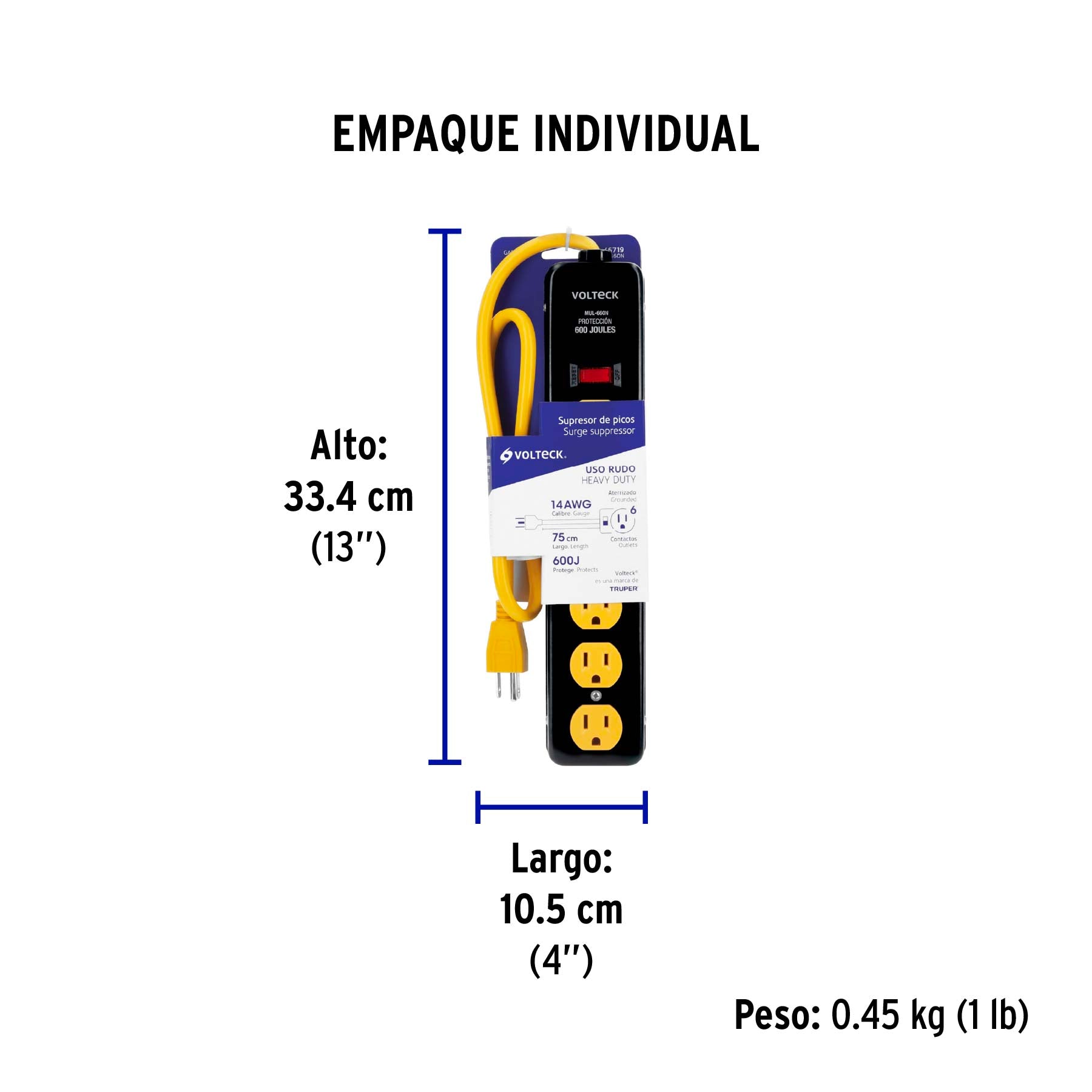 Multicontacto 14 AWG, 6 entradas sup. de picos 600 J, negro
