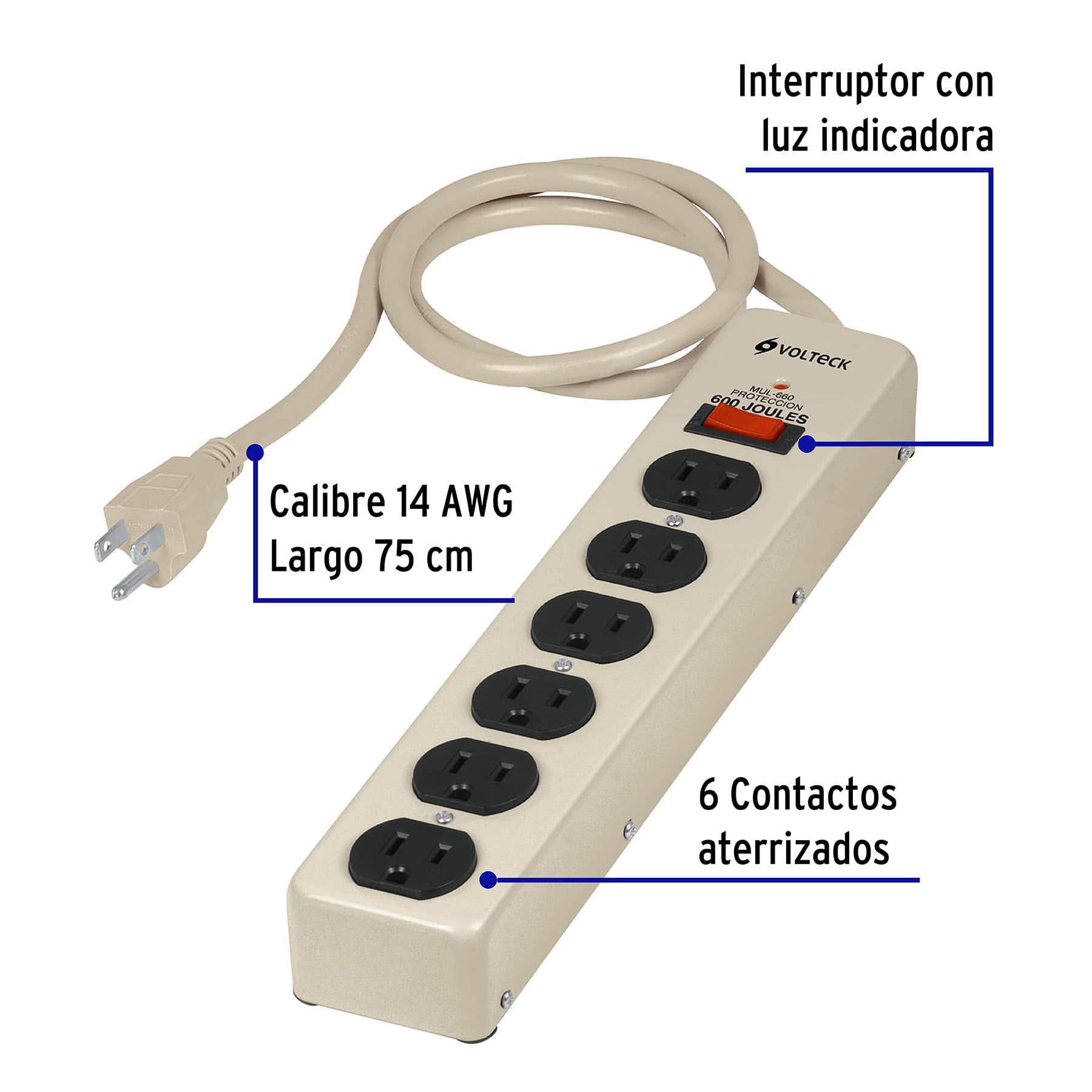 Multicontacto uso rudo, 6 entradas, supresor, 600 joules