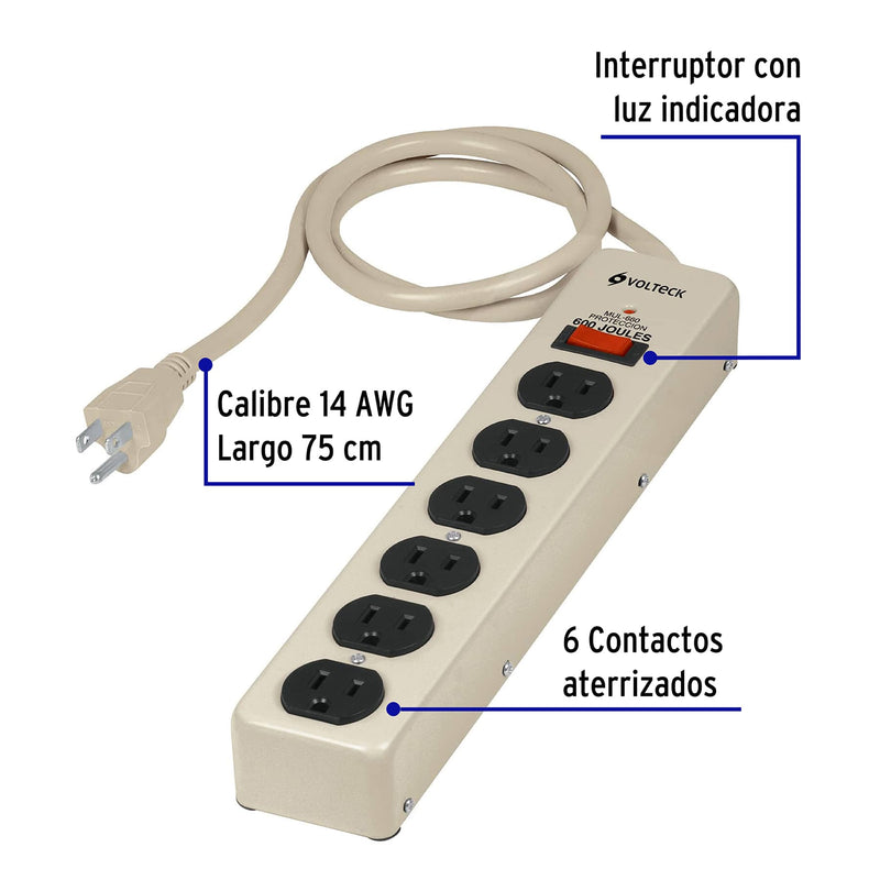 Multicontacto uso rudo, 6 entradas, supresor, 600 joules