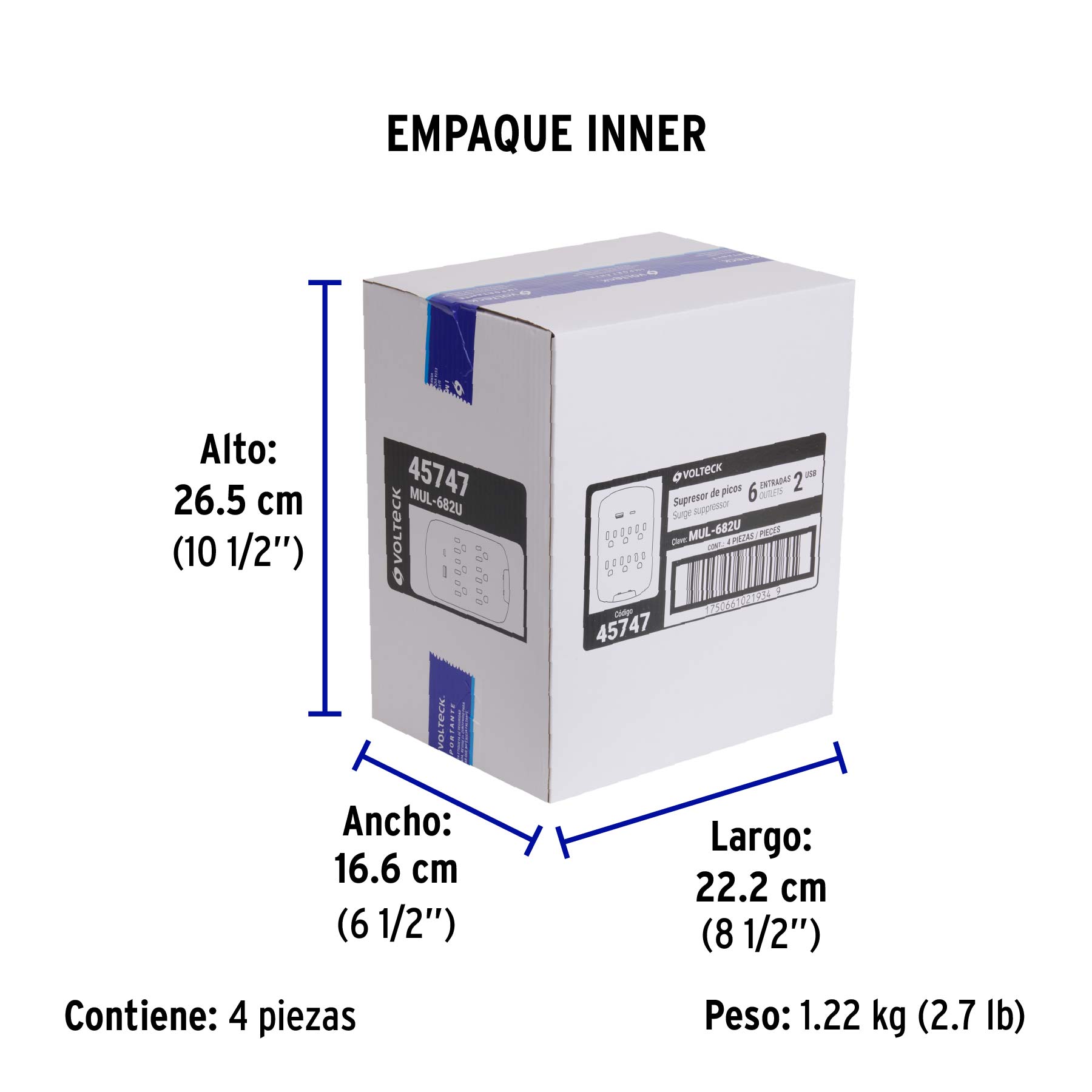 Multicontacto de pared, 800 Joules, 6 contactos y 2 USB A+C