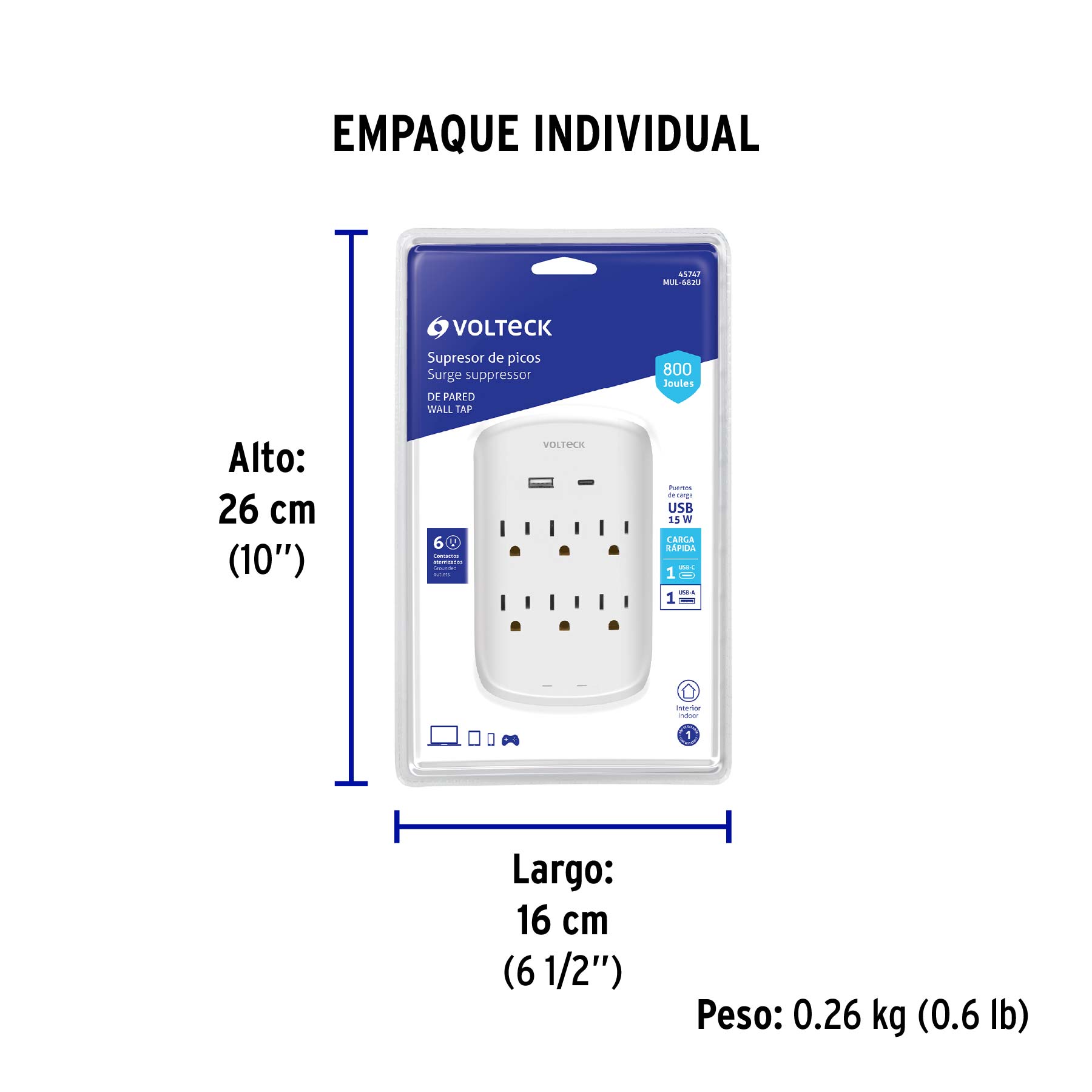Multicontacto de pared, 800 Joules, 6 contactos y 2 USB A+C
