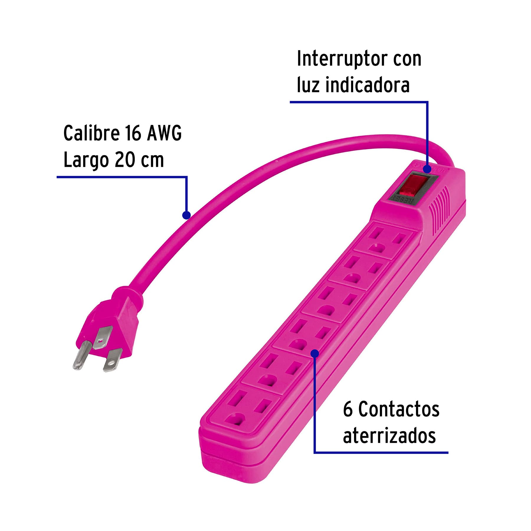 Multicontacto 6 entradas con interruptor, colores a granel