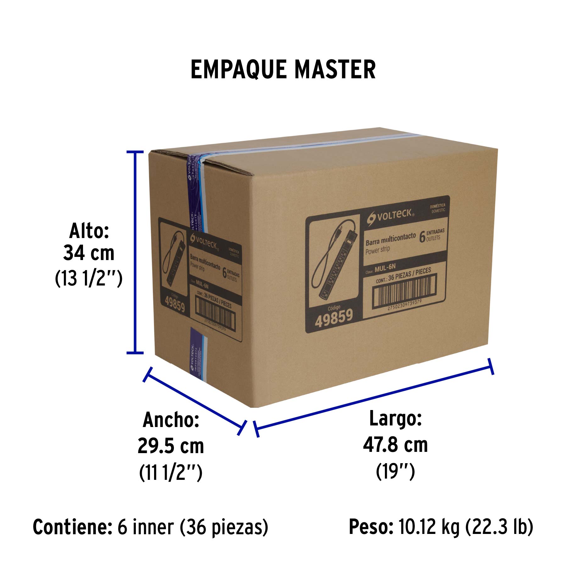 Multicontacto 16 AWG doméstico con 6 entradas, negro Volteck