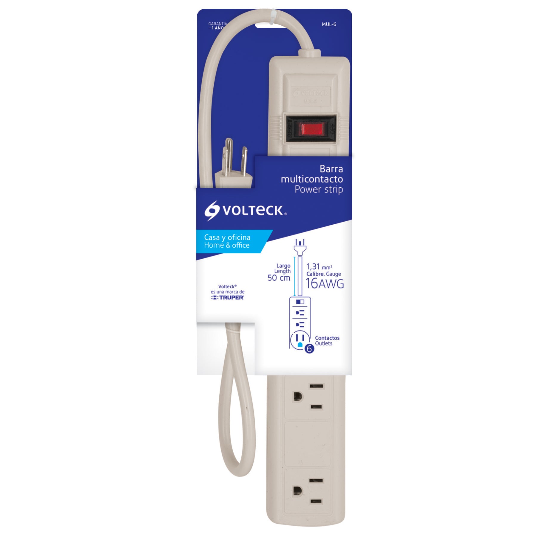 Multicontacto uso doméstico, 6 entradas,16 AWG
