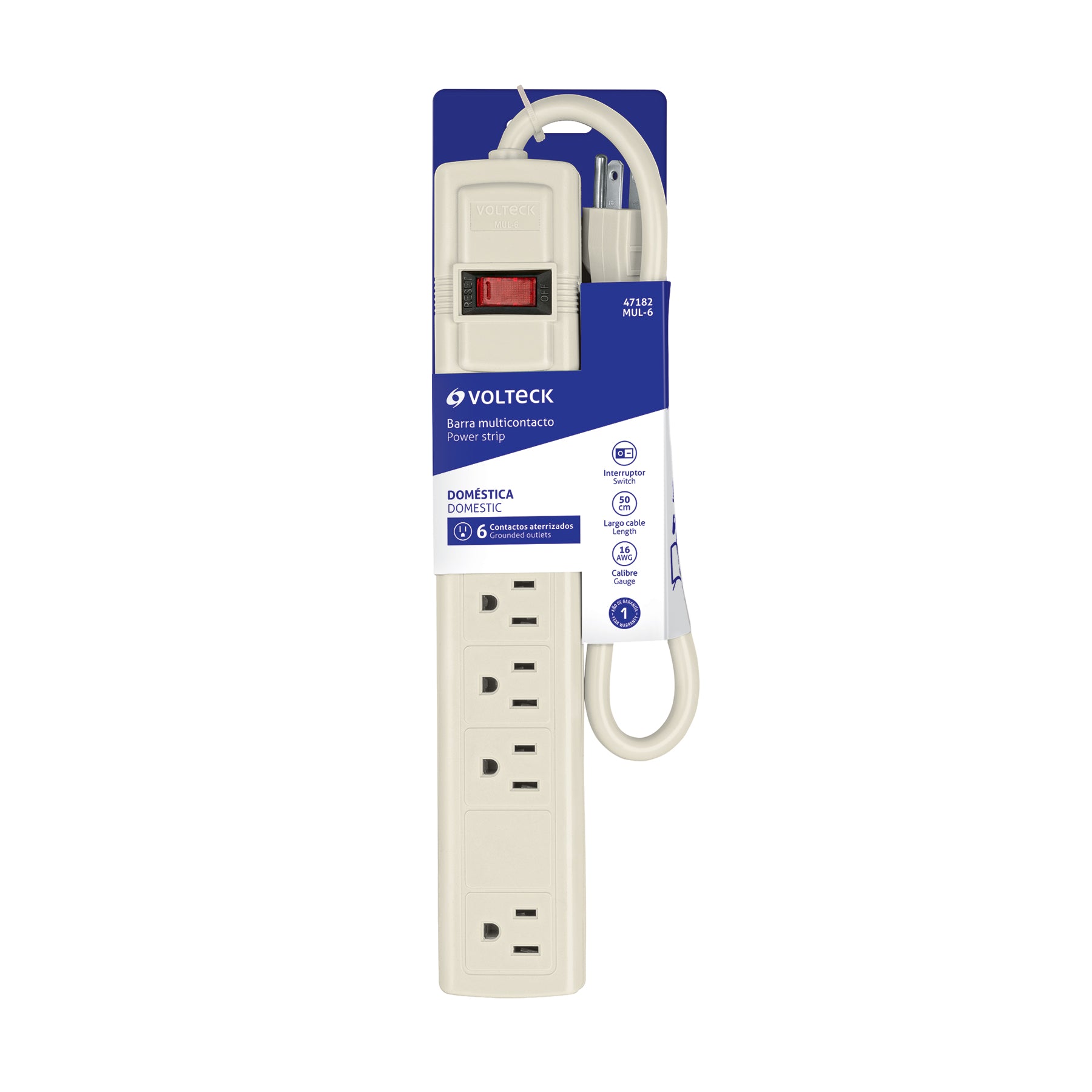 Multicontacto uso doméstico, 6 entradas,16 AWG