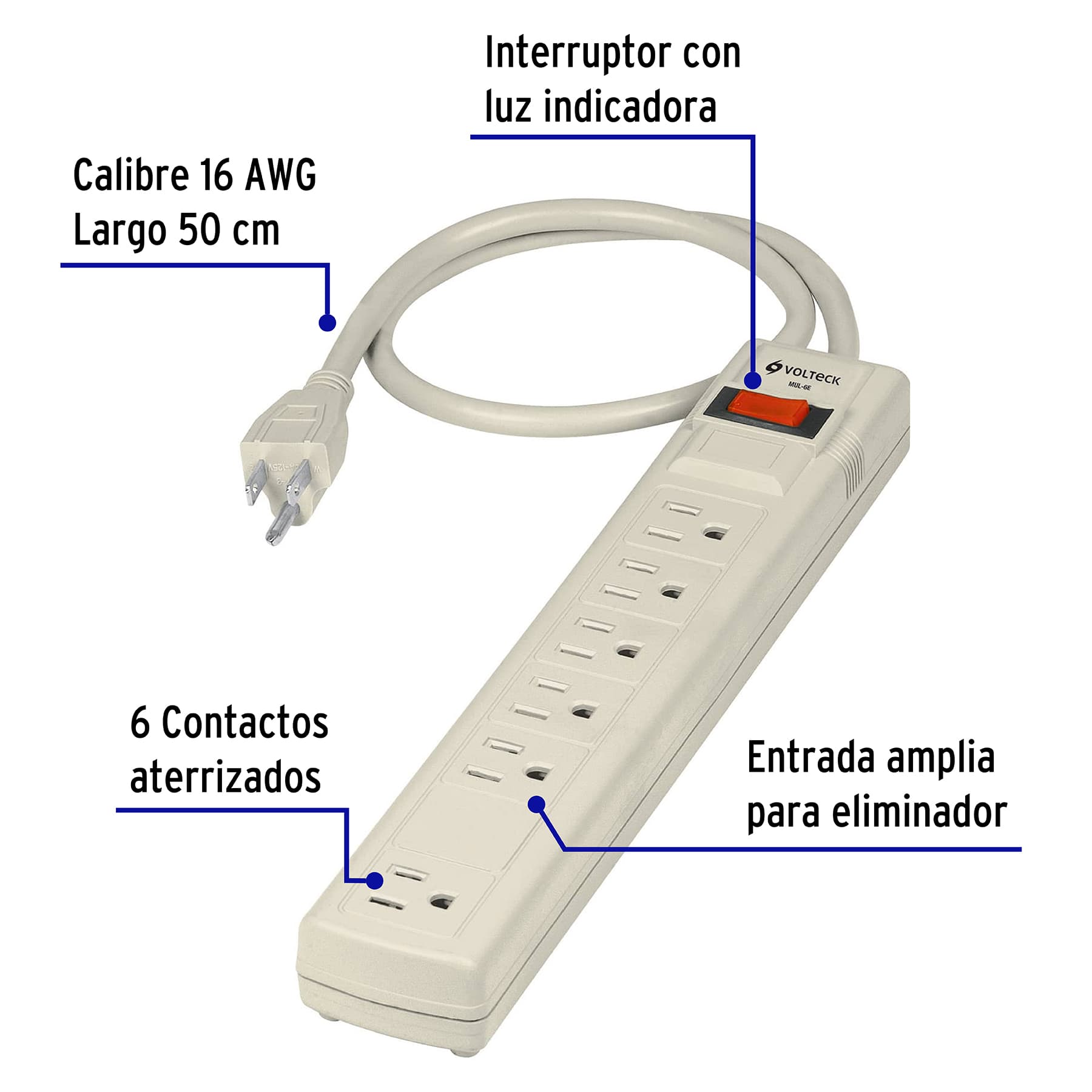 Multicontacto uso doméstico, 6 entradas,16 AWG