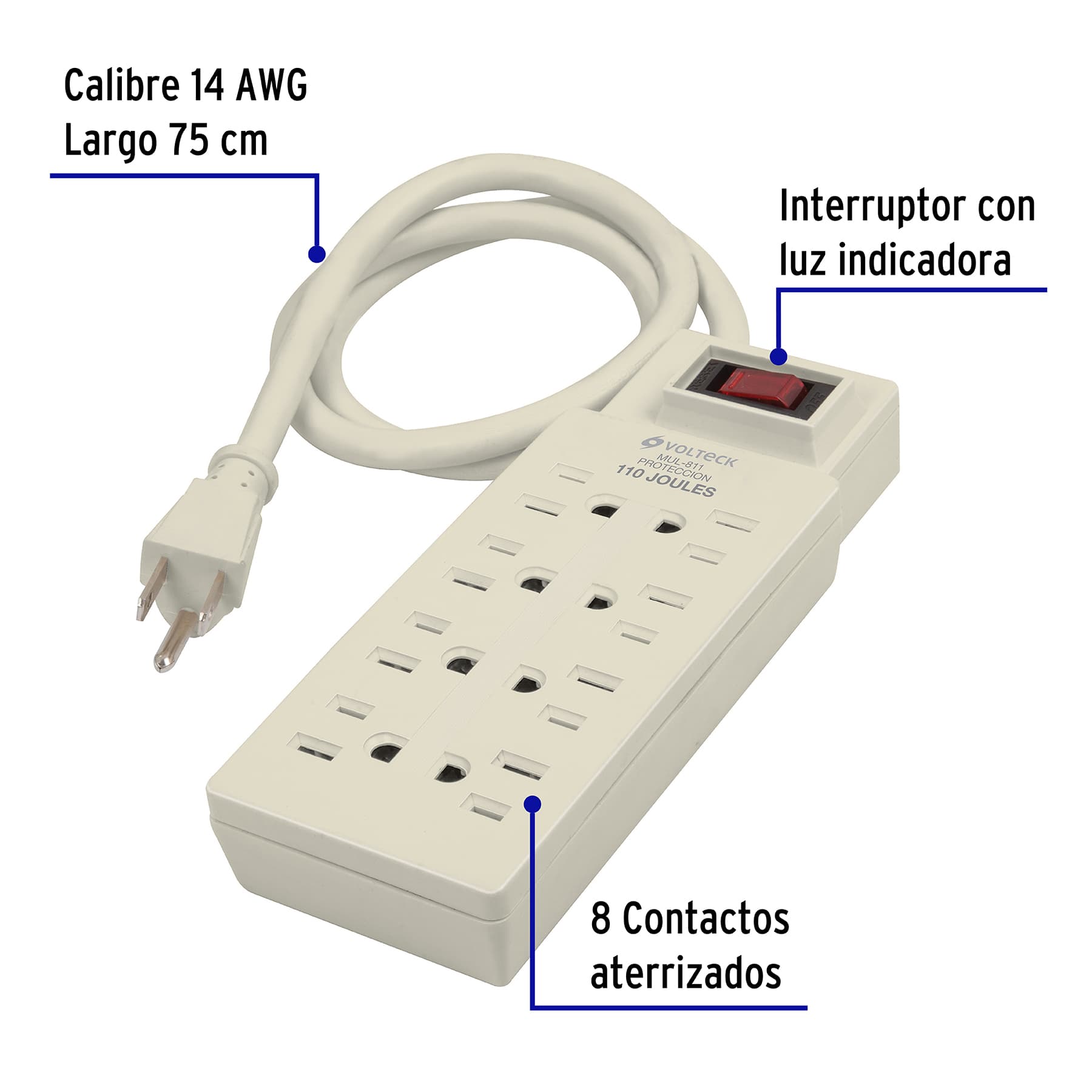 Multicontacto uso rudo, 8 entradas, supresor, 110 joules