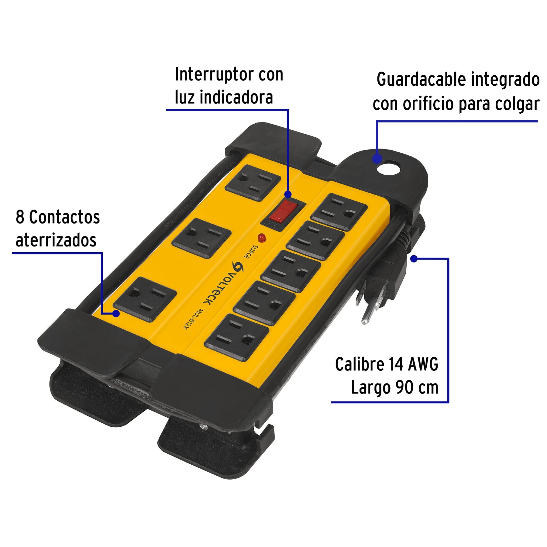 Multicontacto uso industrial, 8 entradas,supresor,1200joules