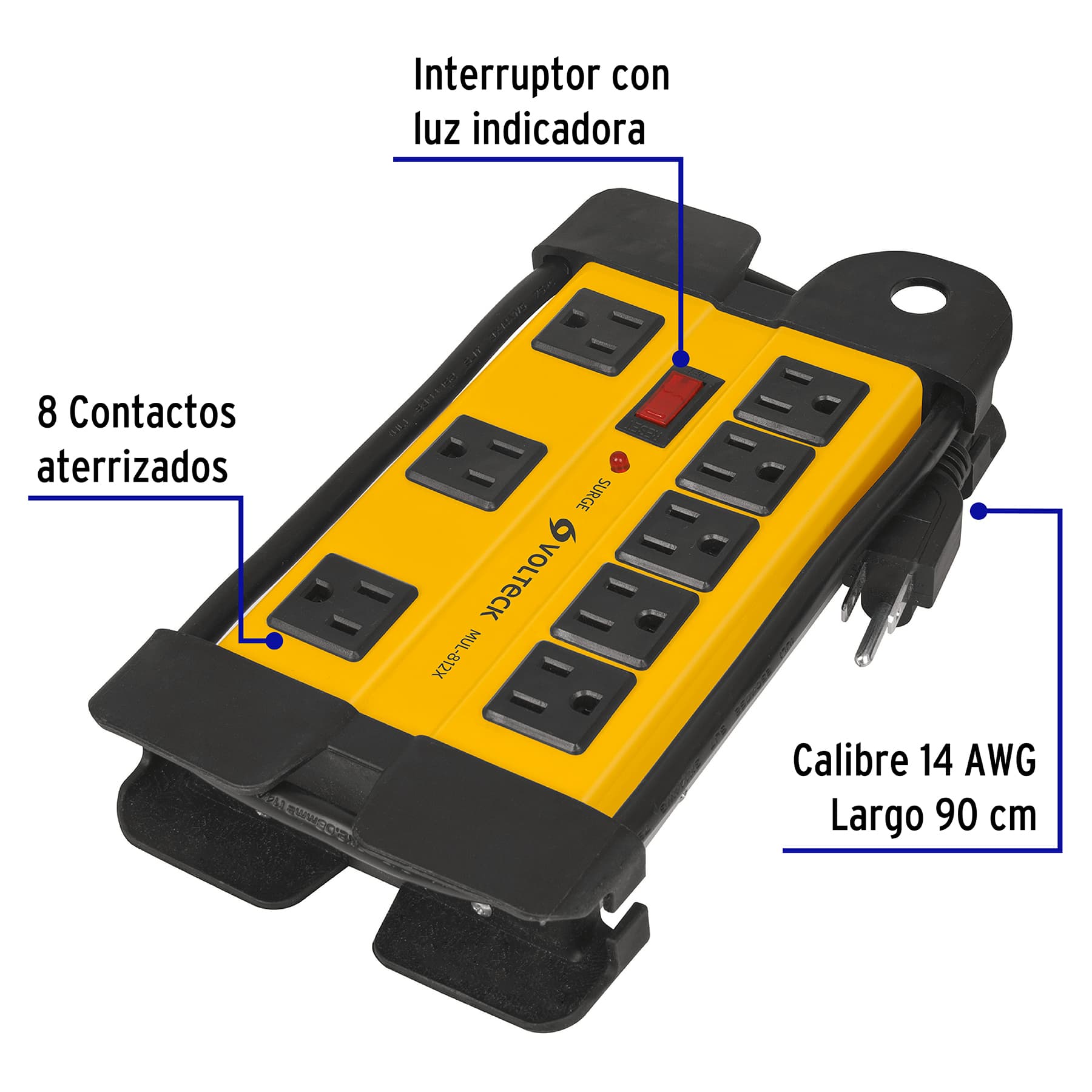 Multicontacto uso industrial, 8 entradas,supresor,1200joules
