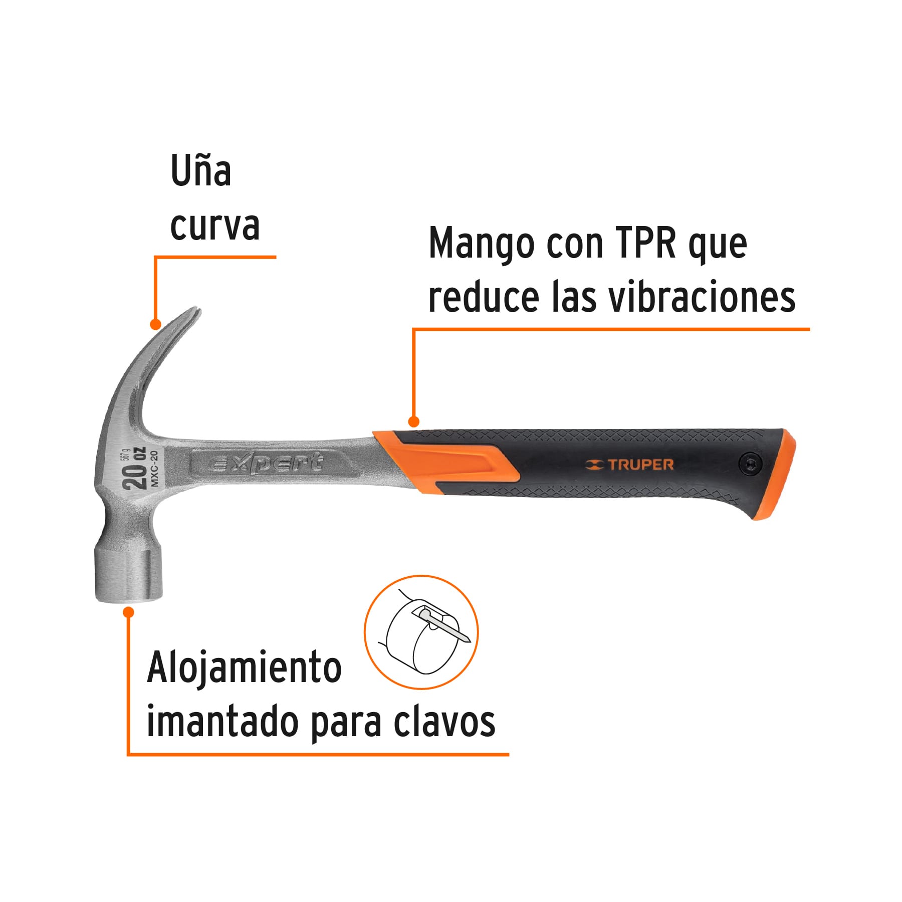 Martillo uña curva 20 oz, forjado de una sola pieza