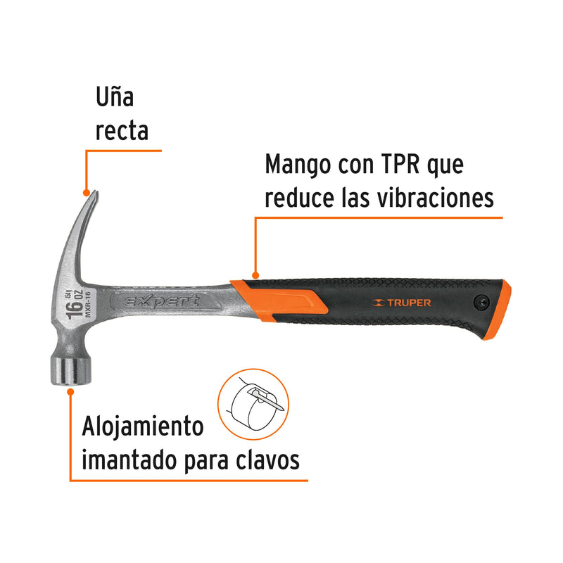 Martillo forjado, uña recta, 16 oz, mango de neopreno