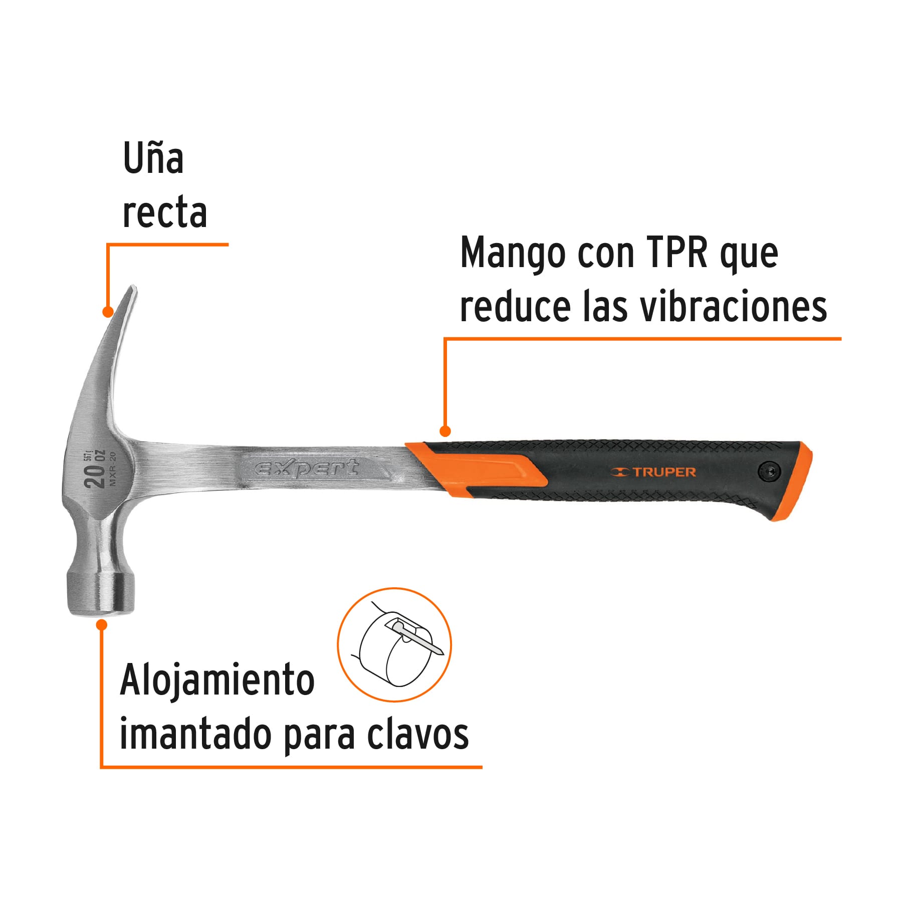 Martillo uña recta 20 oz, forjado de una sola pieza