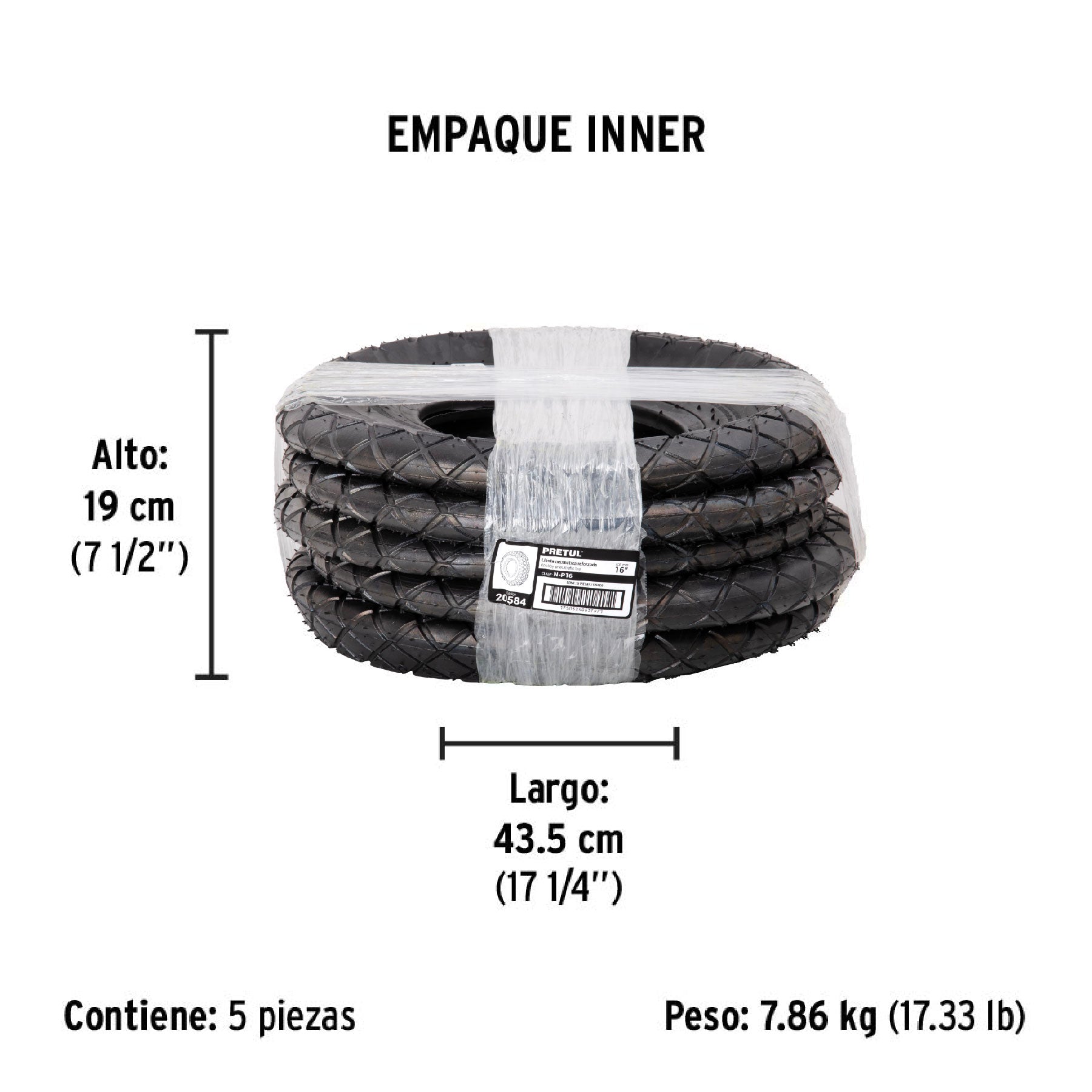 Llanta reforzada, 16" para carretilla, Pretul