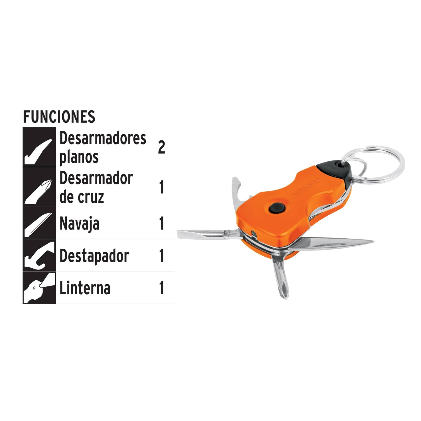 Multiherramienta con led, tipo llavero, 6 funciones