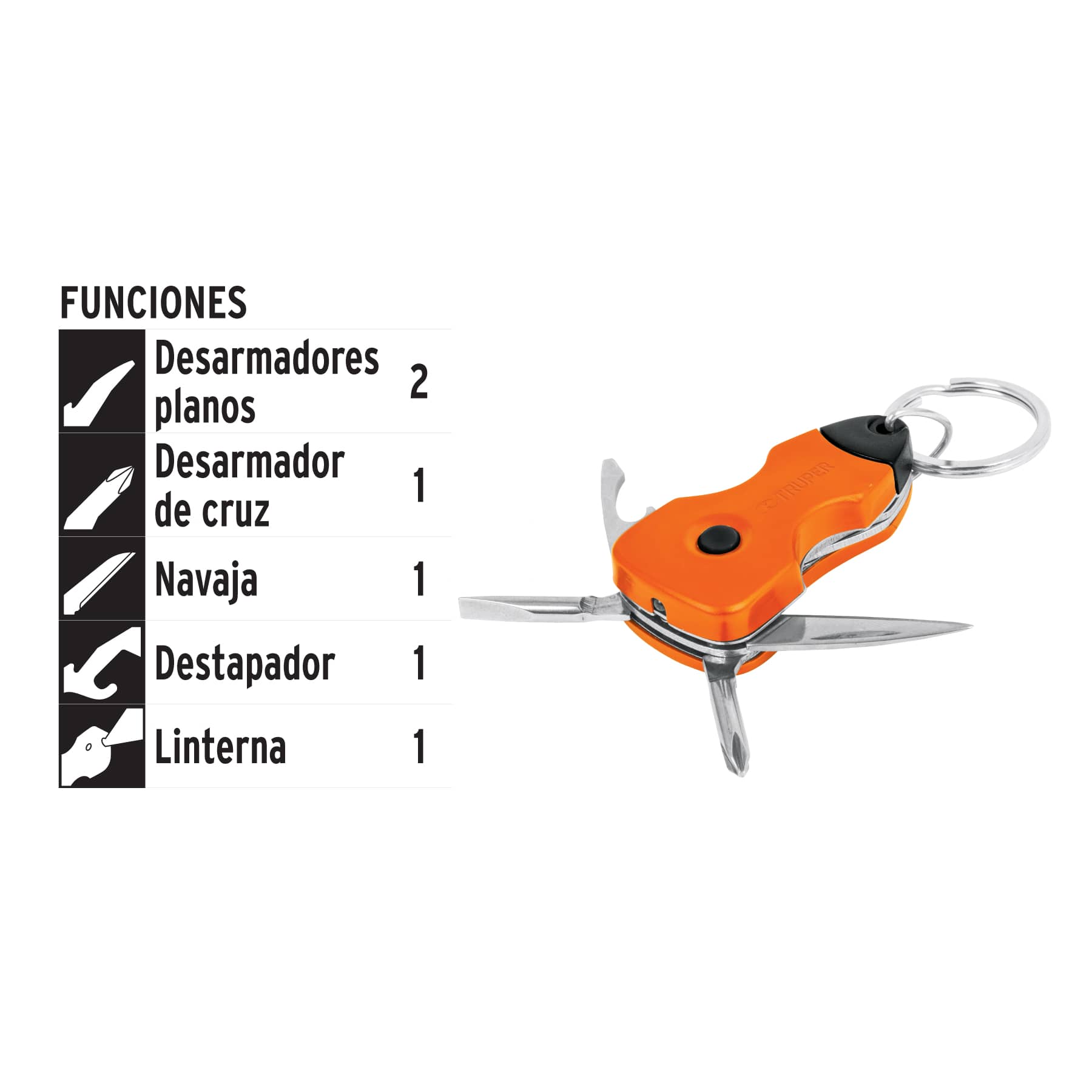 Multiherramienta con led, tipo llavero, 6 funciones