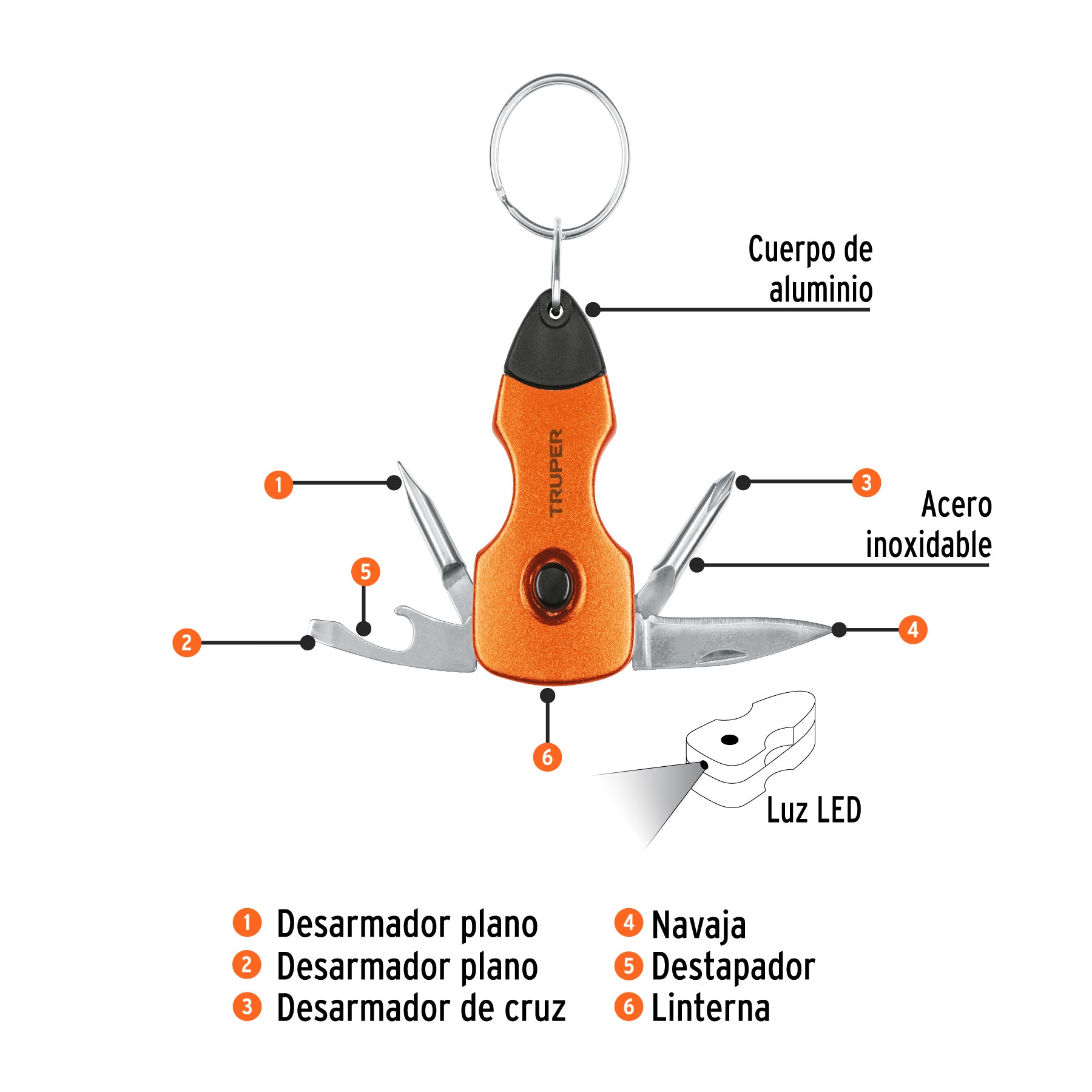 Multiherramienta con led, tipo llavero, 6 funciones