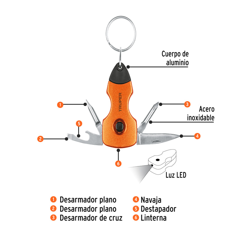 Multiherramienta con led, tipo llavero, 6 funciones