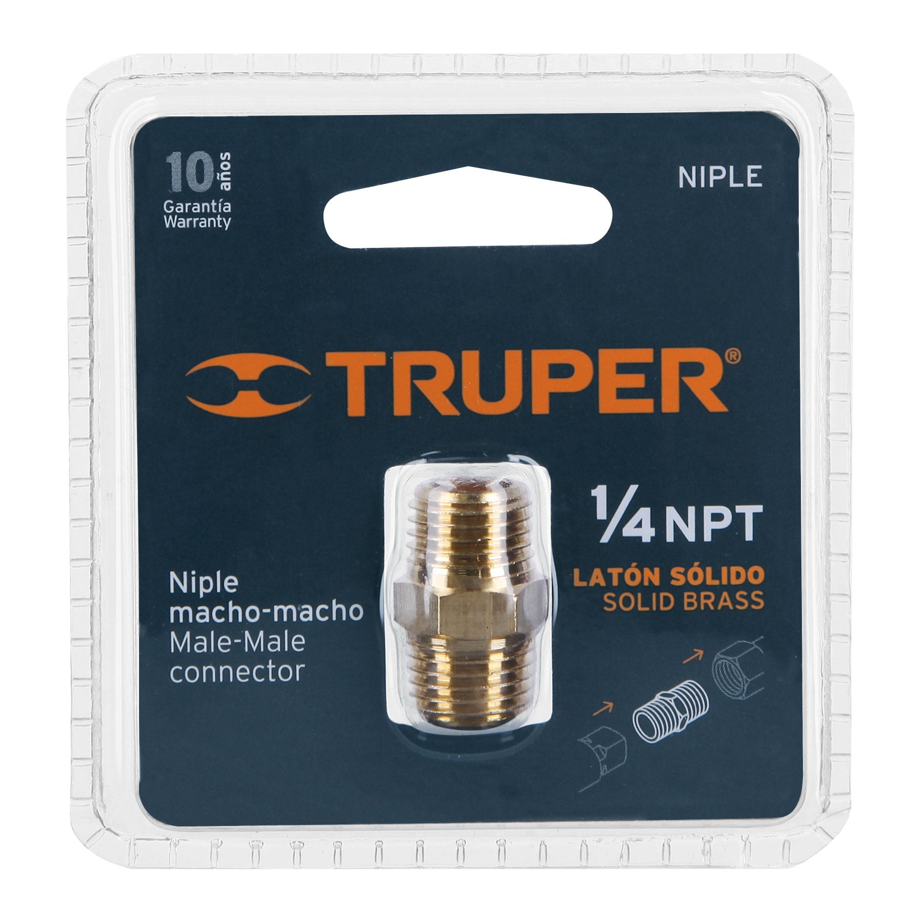 Niple de latón, tipo MM, cuerda 1/4 NPT