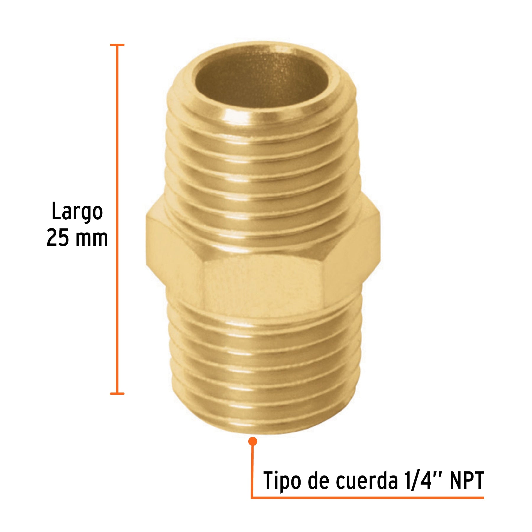 Niple de latón, tipo MM, cuerda 1/4 NPT