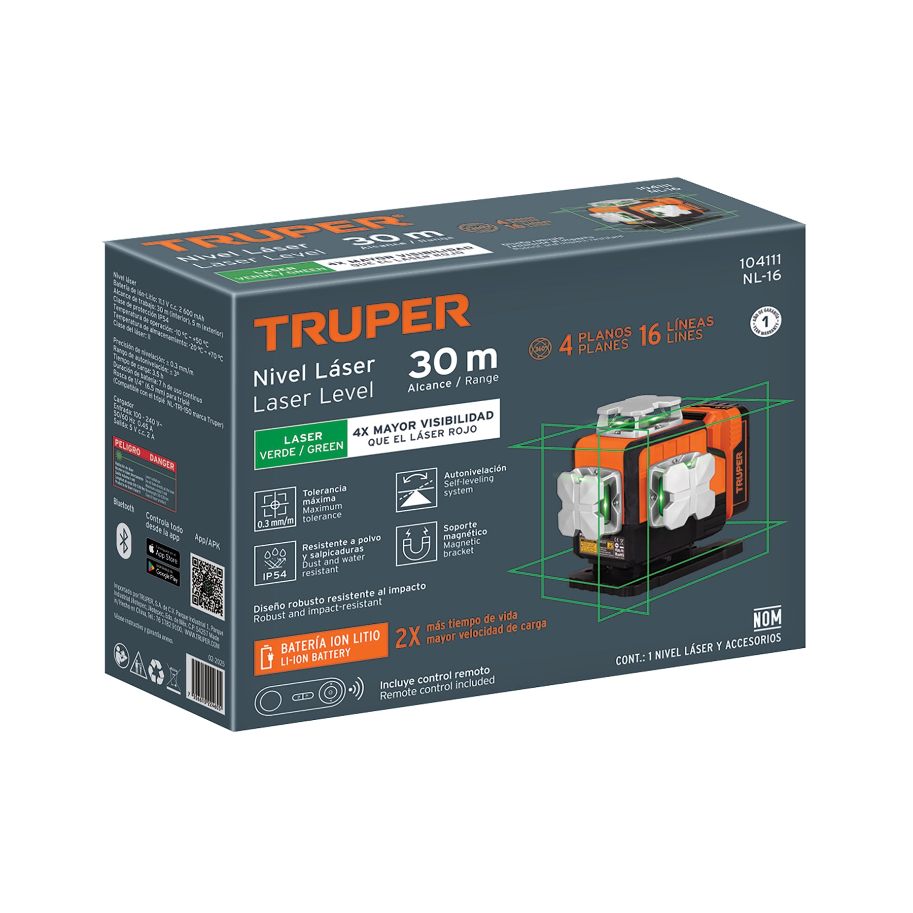Nivel láser verde, alcance 30m,16 líneas, recargable, TRUPER