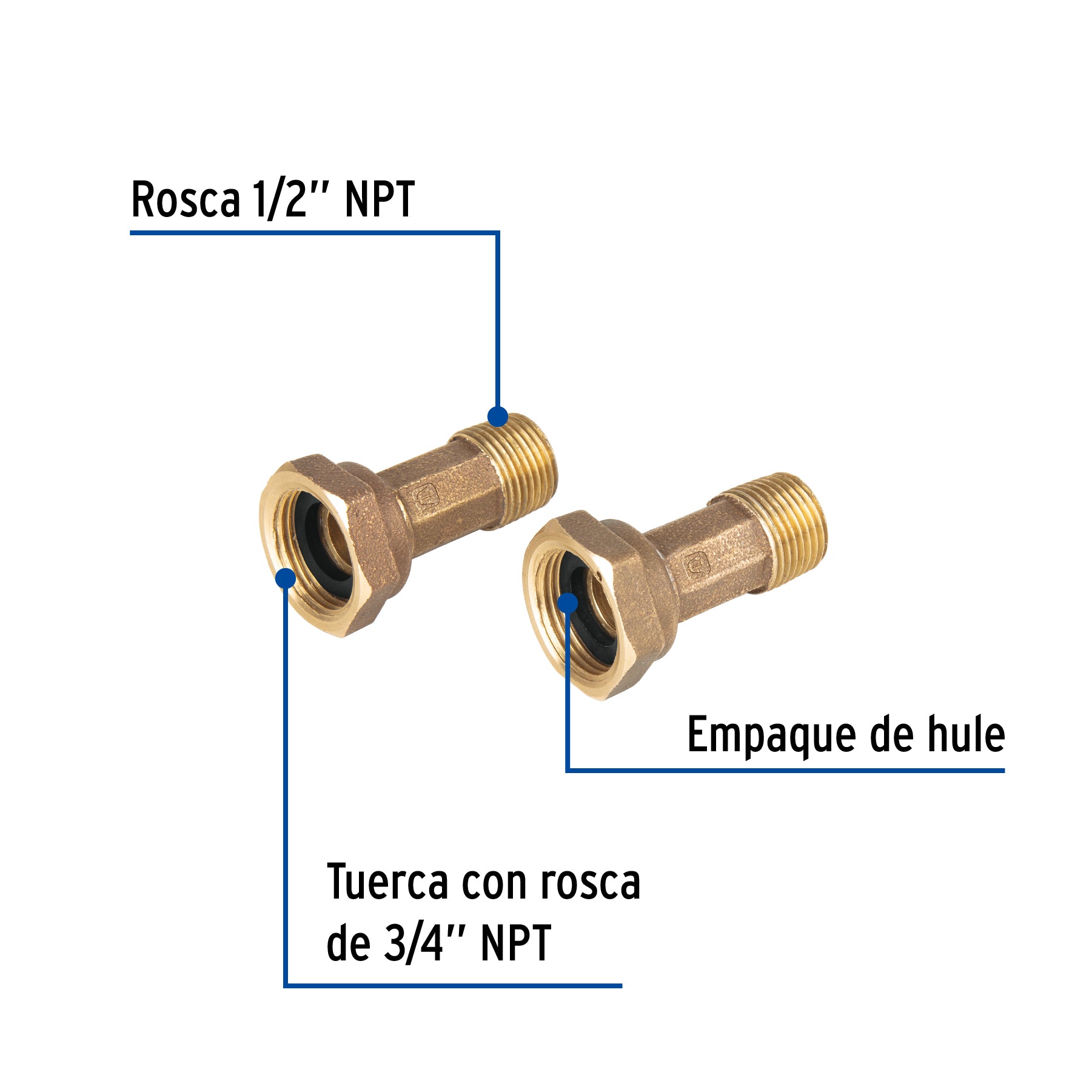 Jgo 2 Niples con tuercas para medidor de agua, 1/2' x 3/4'