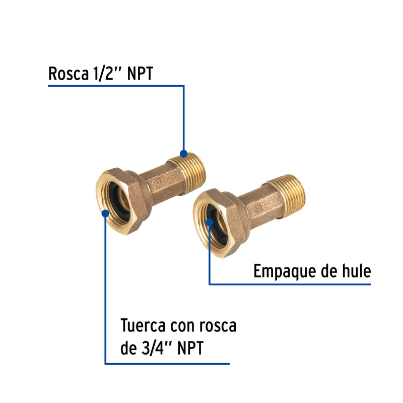 Jgo 2 Niples con tuercas para medidor de agua, 1/2' x 3/4'