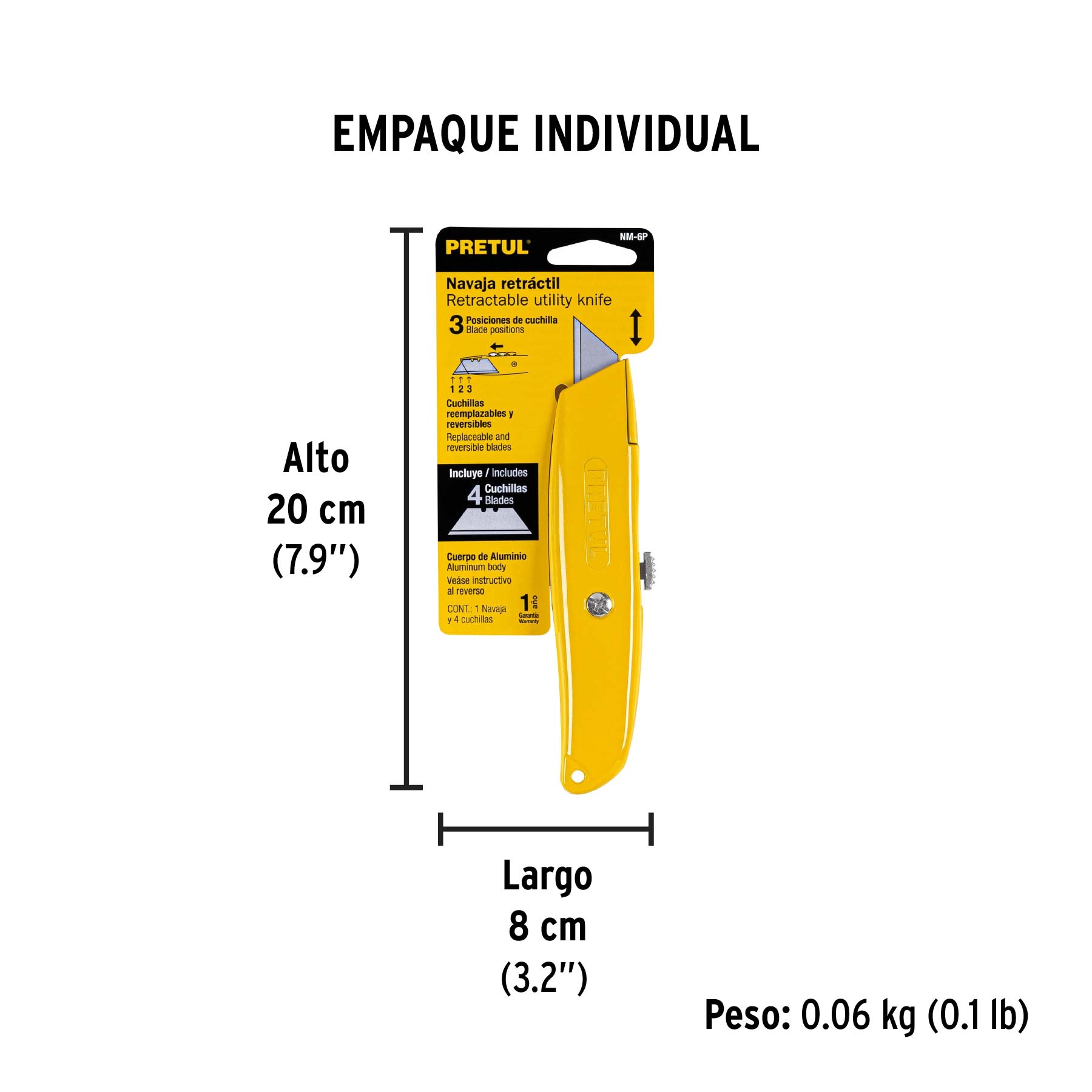 Navaja multiusos, cuchilla rectráctil, 6", con 3 cuchillas