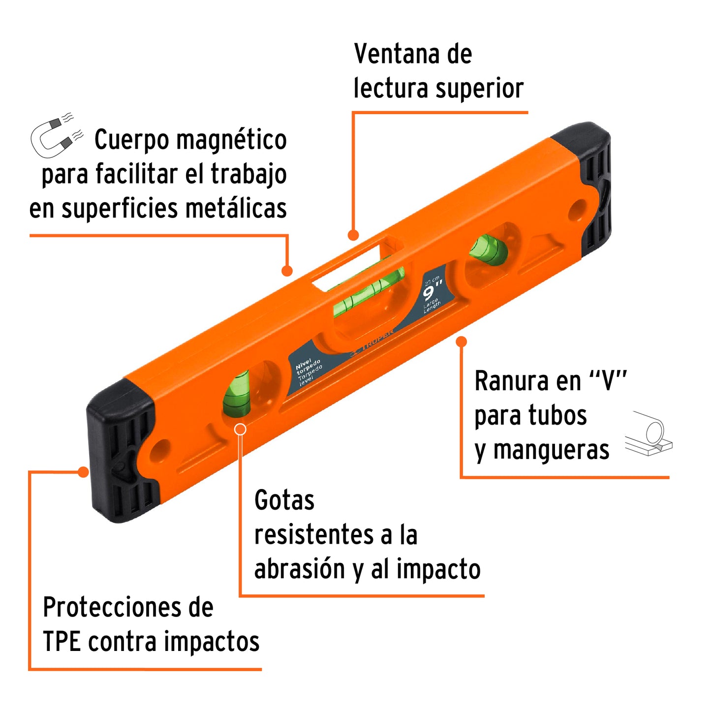 Nivel torpedo magnético 9" cuerpo plástico ABS