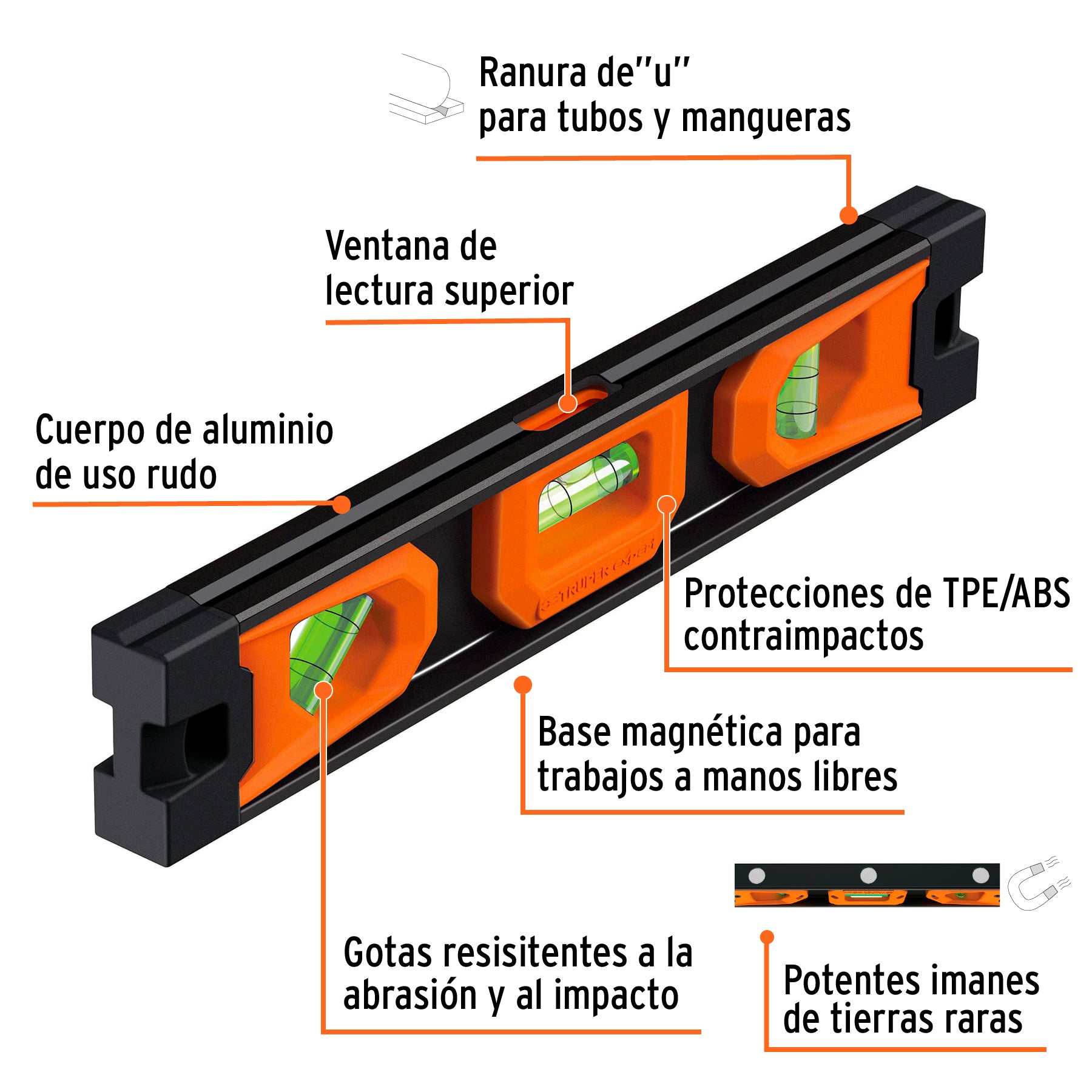 Nivel torpedo magnético 9" aluminio con cubiertas plásticas