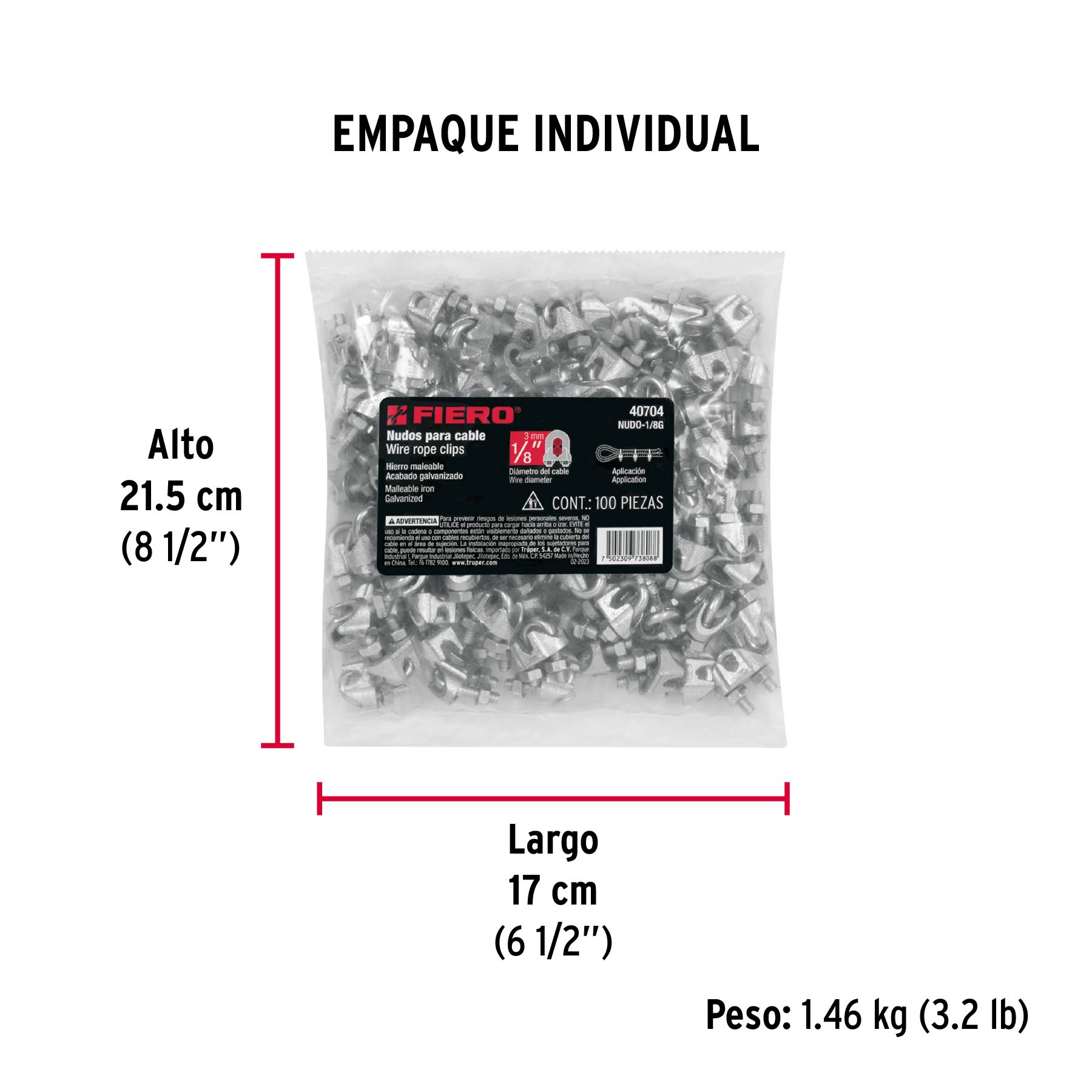 Bolsa con 100 nudos (perros) de hierro para cable de 1/8'