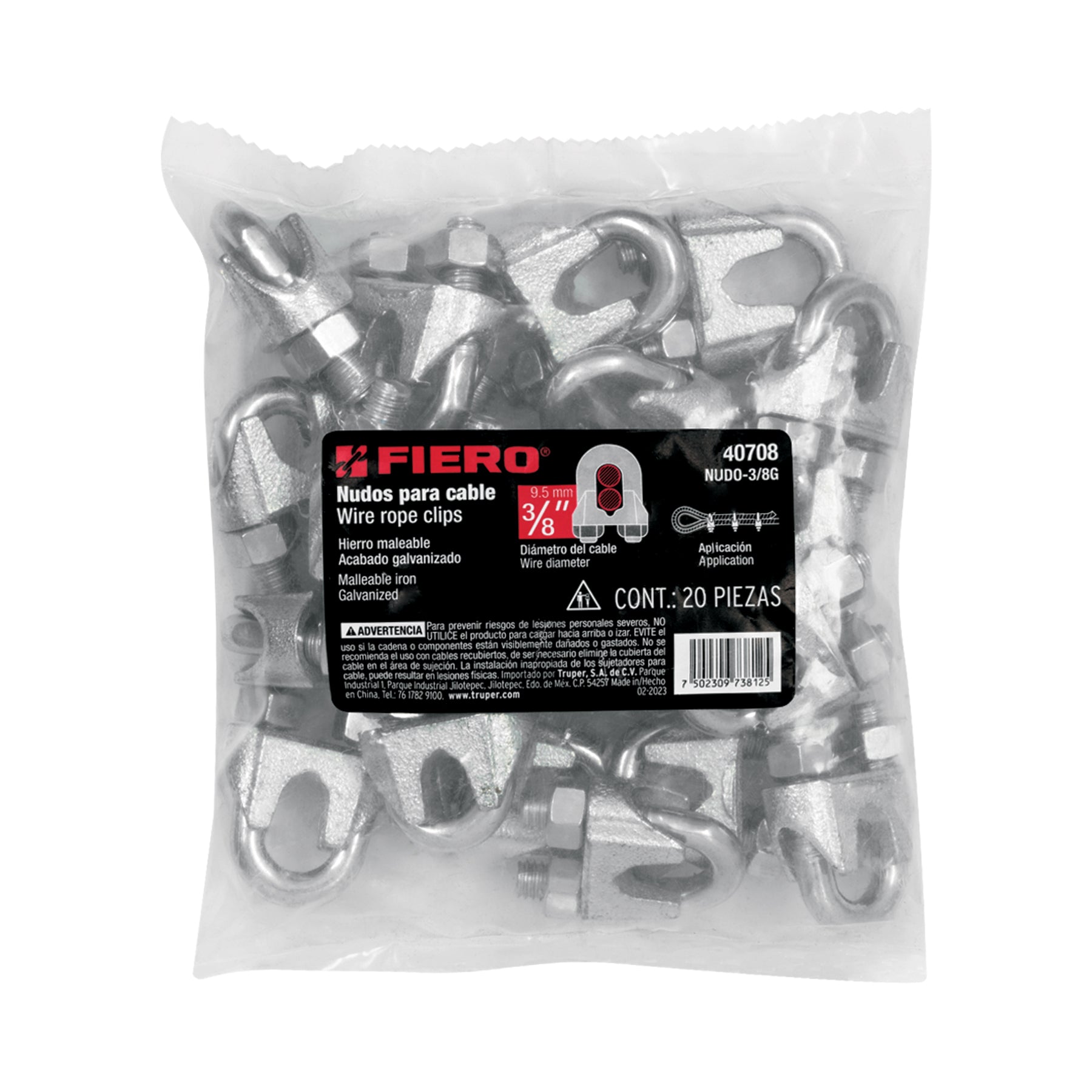 Bolsa con 20 nudos (perros) de hierro para cable de 3/8'