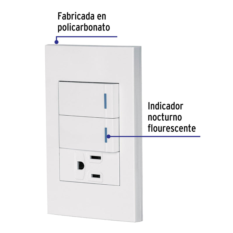 Placa armada 2 interruptores,1 contacto,1mod,Española,blanco