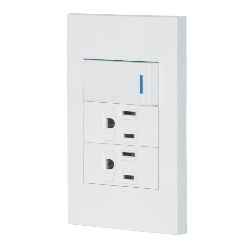 Placa armada 1 interruptor, 2 contactos,1mod,Española,blanco