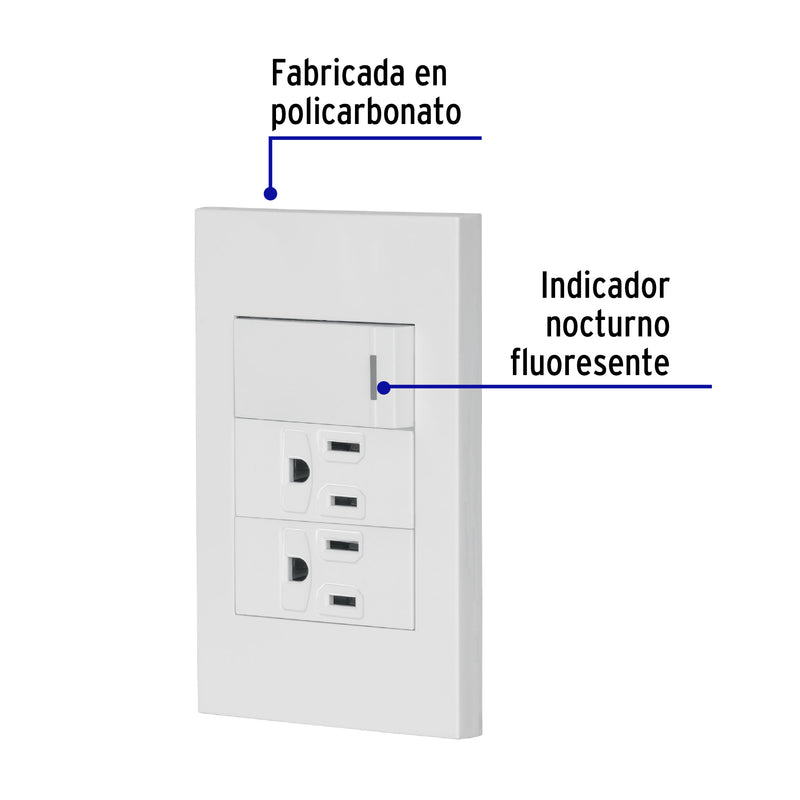Placa armada 1 interruptor, 2 contactos,1mod,Española,blanco