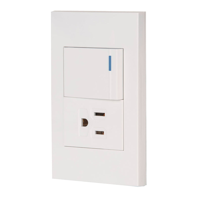 Placa armada 1 interruptor,1contacto,1.5mod,Española, blanco