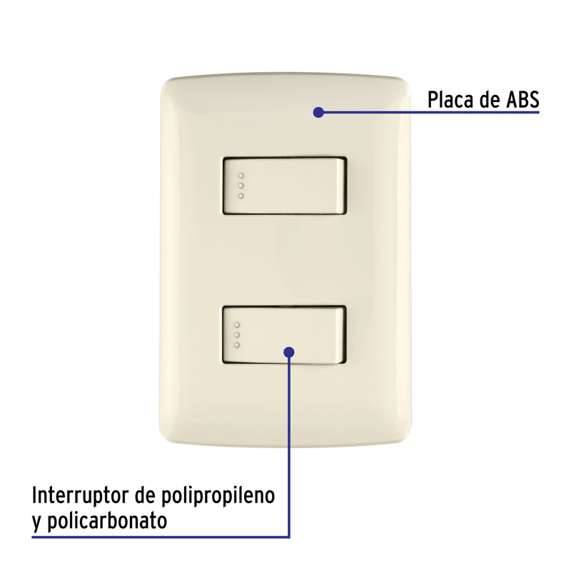 Placa armada 2 interruptores sencillos marfil,línea Italiana