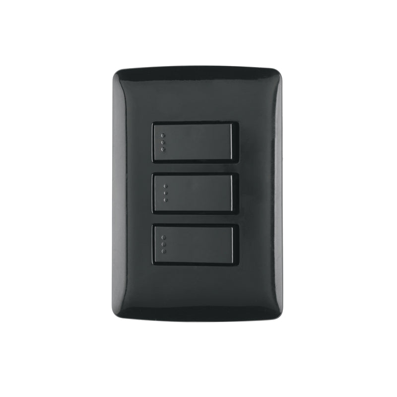 Placa armada 3 interruptores sencillos,negro, línea Italiana