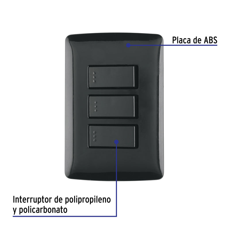 Placa armada 3 interruptores sencillos,negro, línea Italiana