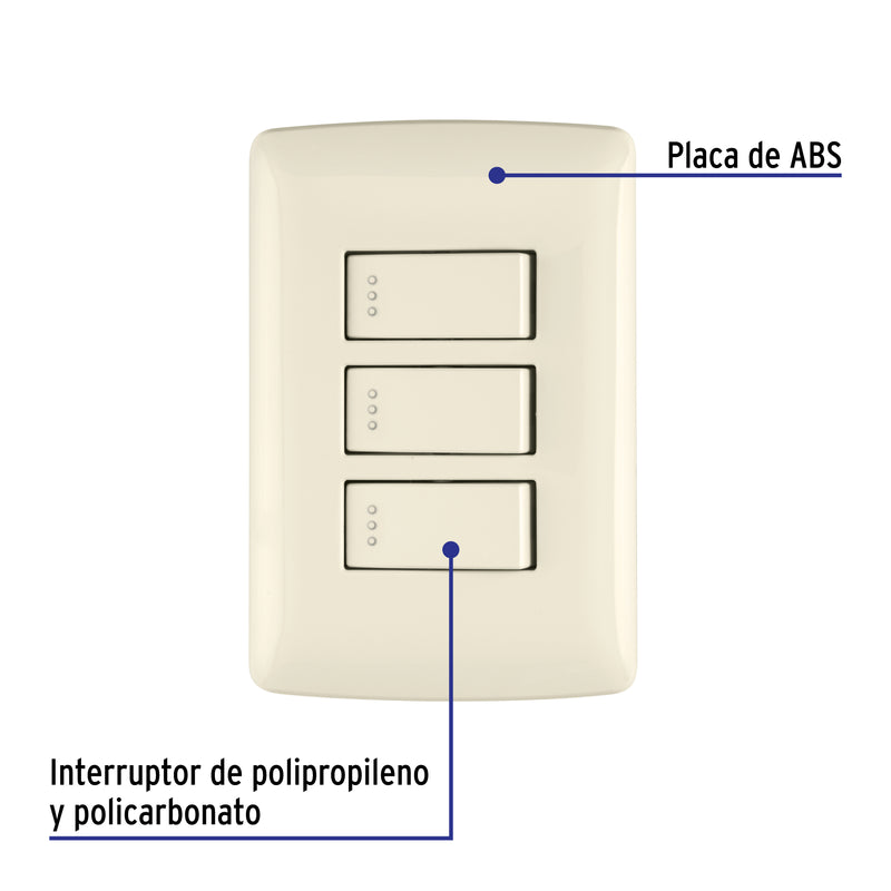 Placa armada 3 interruptores sencillos,marfil,línea Italiana