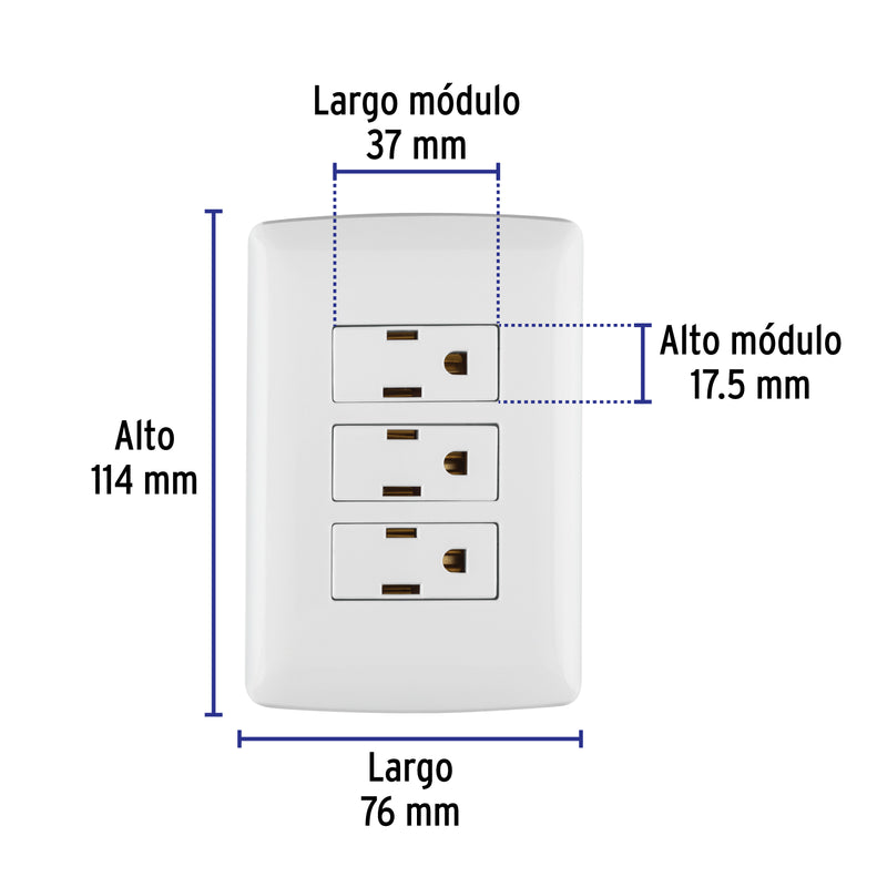 Placa armada 3 contactos aterrizados, blanco, línea Italiana